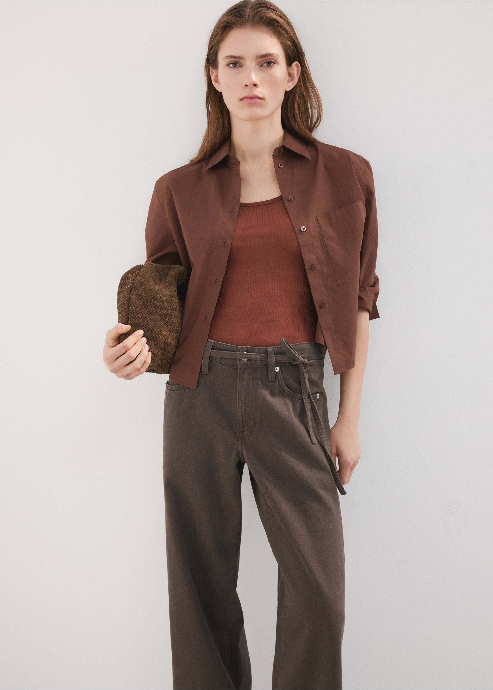 Wide-leg jeans with drawstring - Details of the article 1, Chocolate. Ref: 27015825-00.