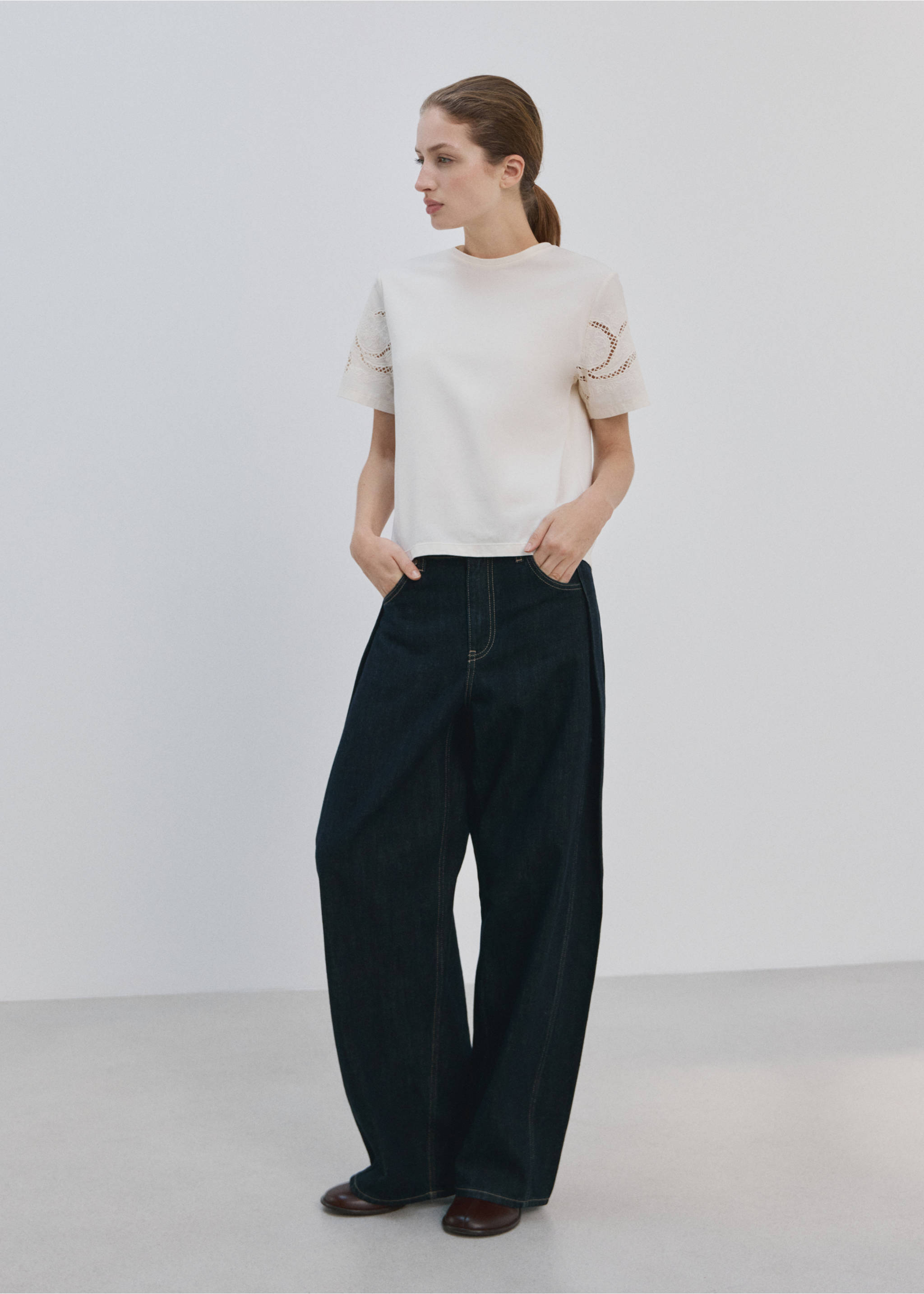 Camiseta algodón calados bordados - Plano general, Crudo. Ref: 27015833-00.