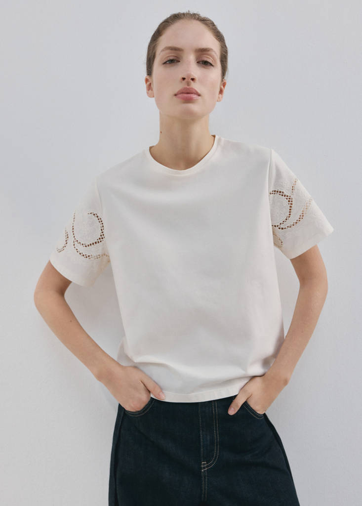 Embroidered openwork cotton T-shirt