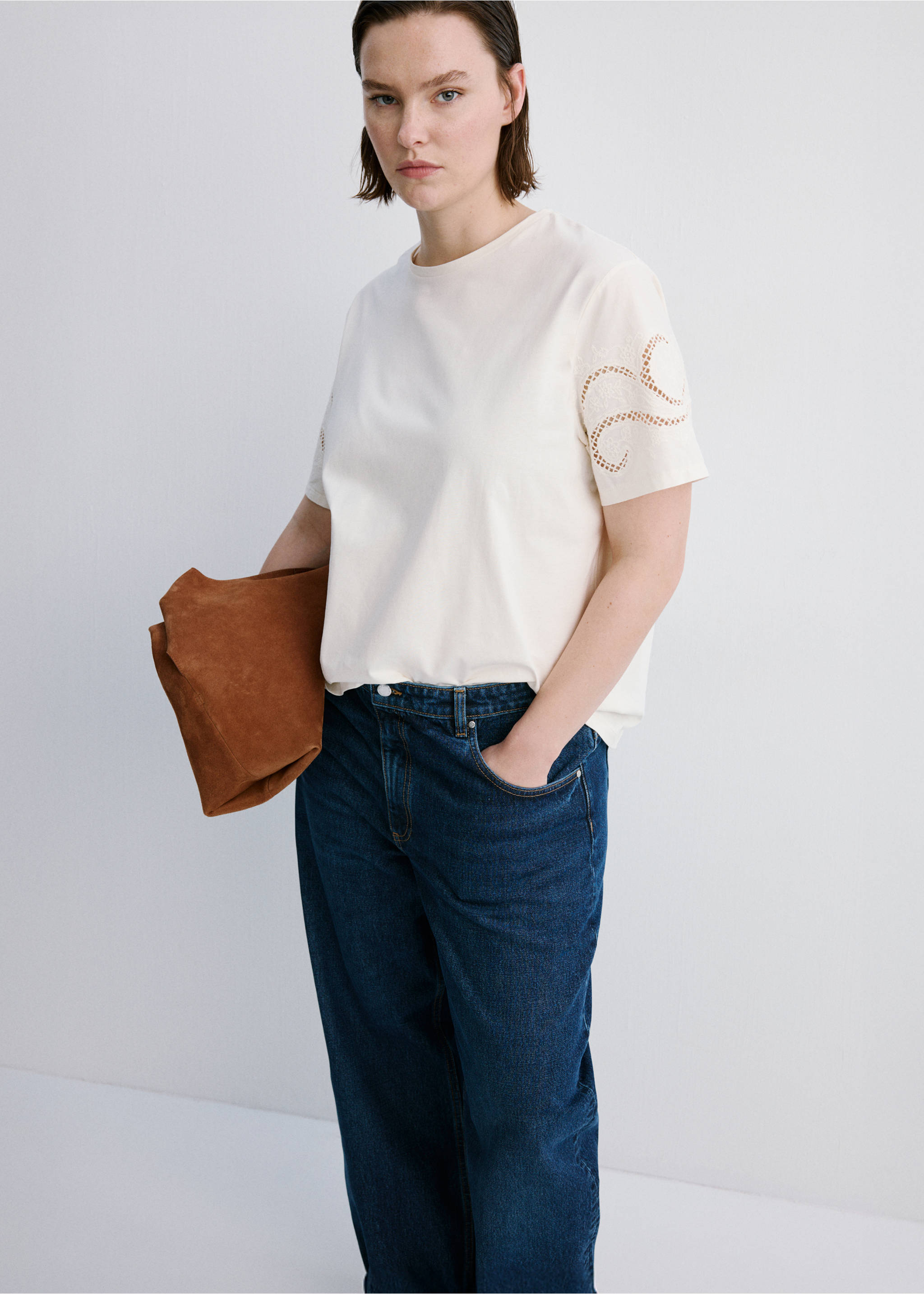 Camiseta algodón calados bordados - Detalle del artículo 5, Crudo. Ref: 27015833-00.
