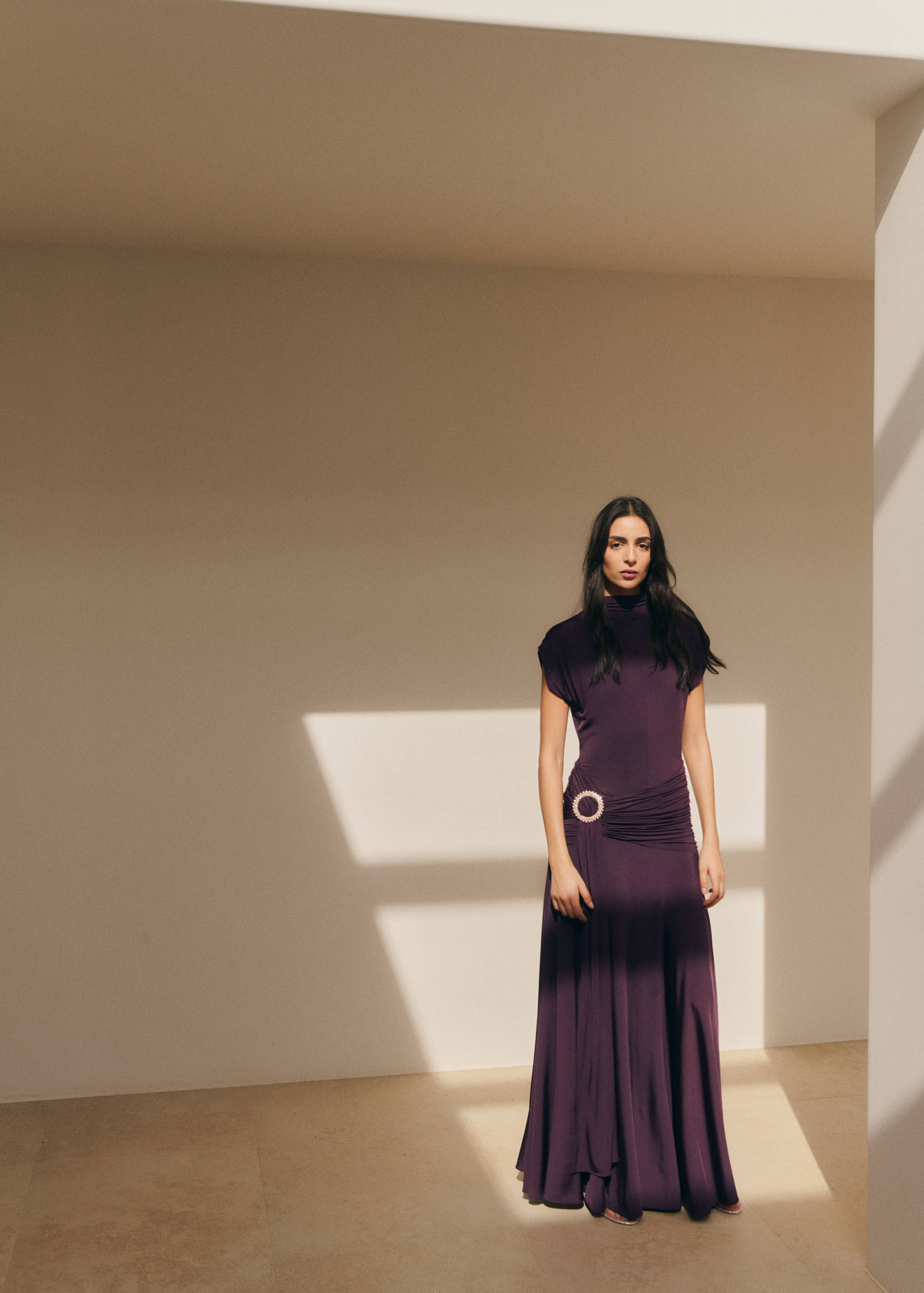 Draped-waist dress with metallic detail - General plane