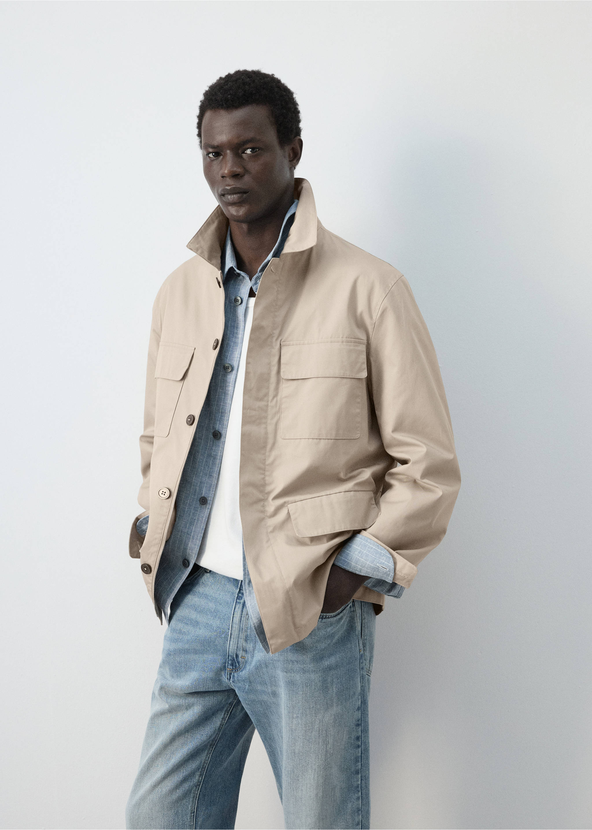 100% cotton multi-pocket jacket - Medium plane, Beige. Ref: 27015933-01.