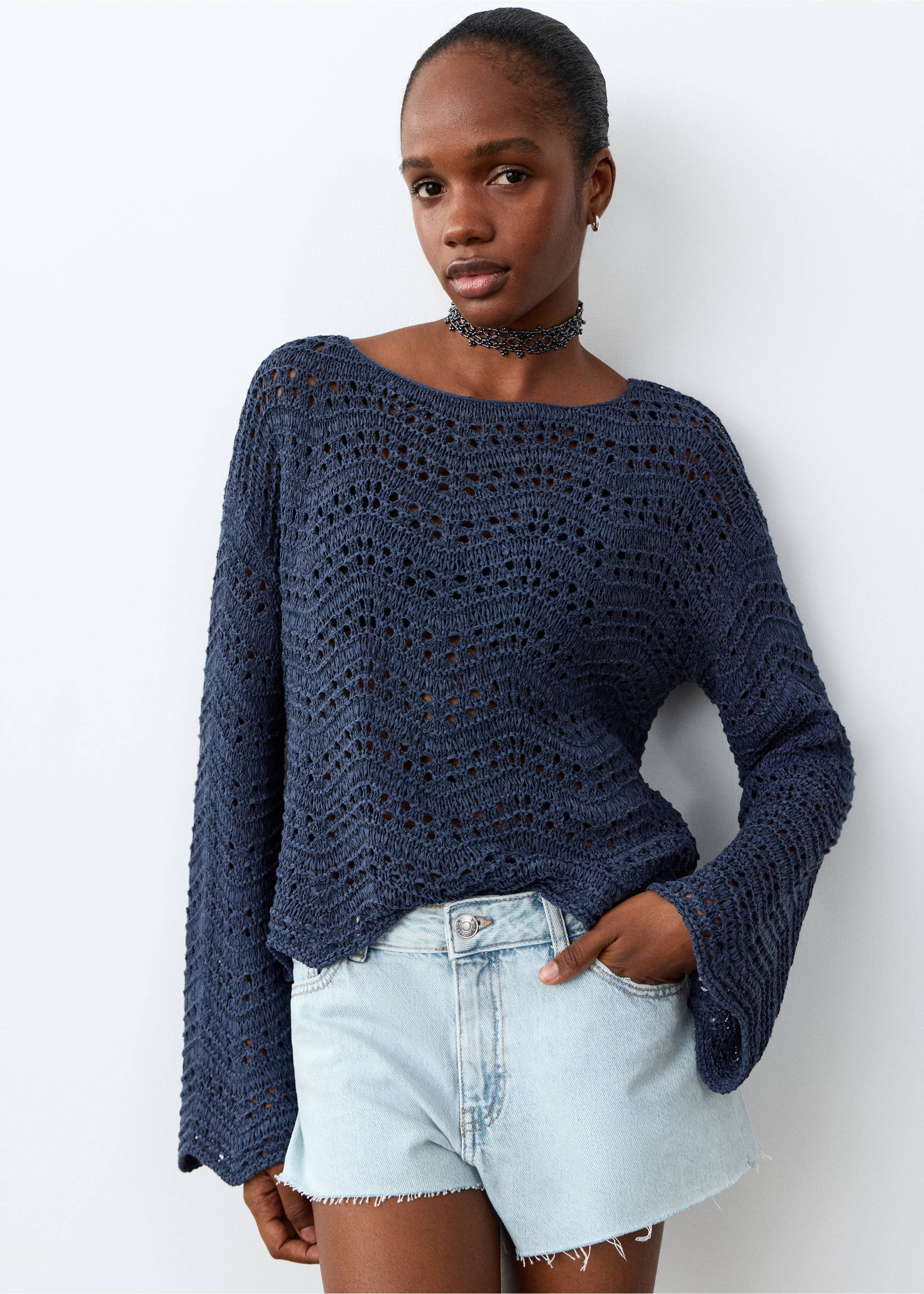 High-waist frayed hem shorts - Medium plane, Light Blue. Ref: 27015941-00.