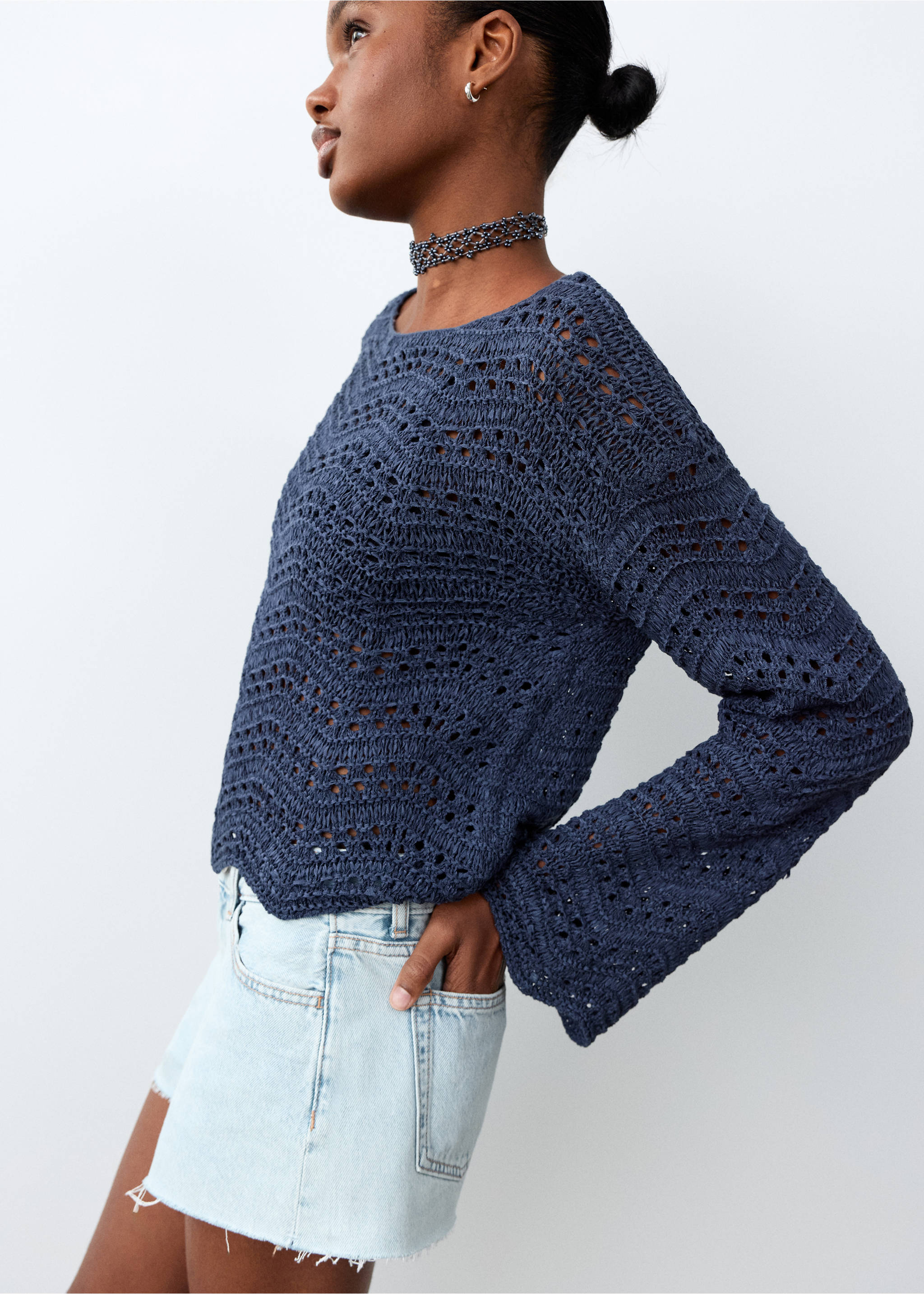 High-waist frayed hem shorts - Details of the article 1, Light Blue. Ref: 27015941-00.