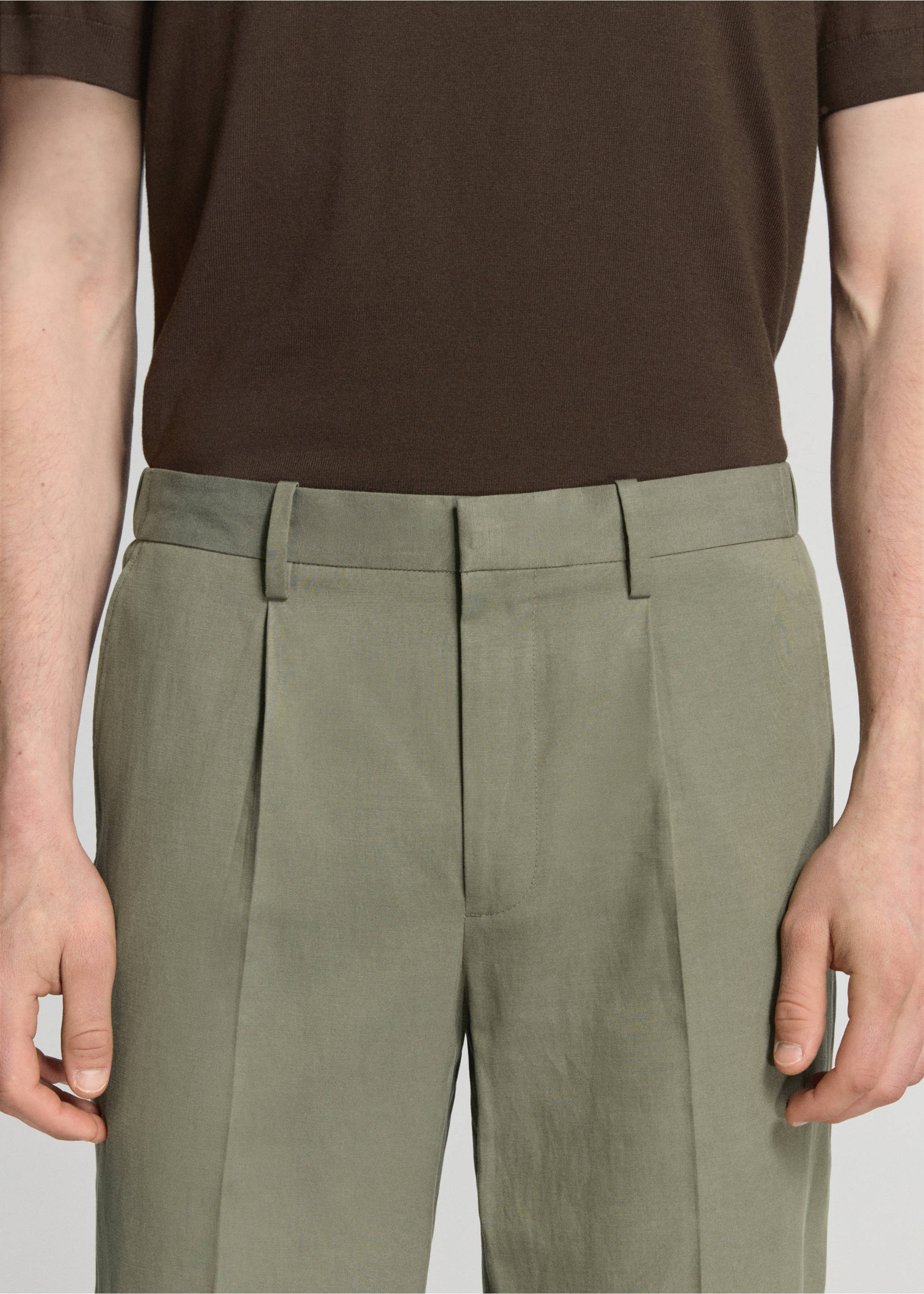 Slim-fit linen-lyocell-blend pants - Details of the article 1, Green. Ref: 27015948-01.
