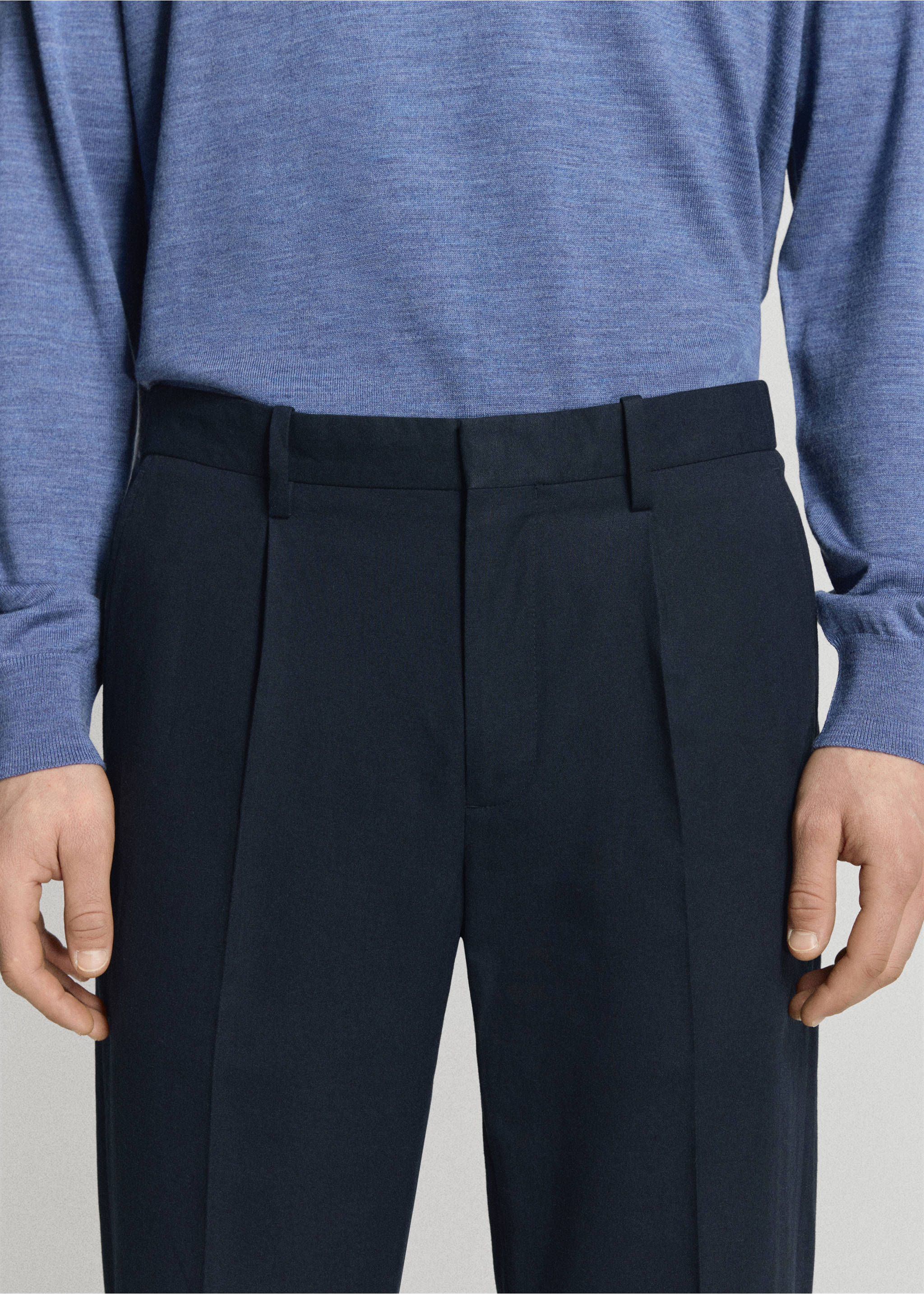 Slim-fit linen-lyocell-blend pants - Details of the article 1, Navy. Ref: 27015948-01.