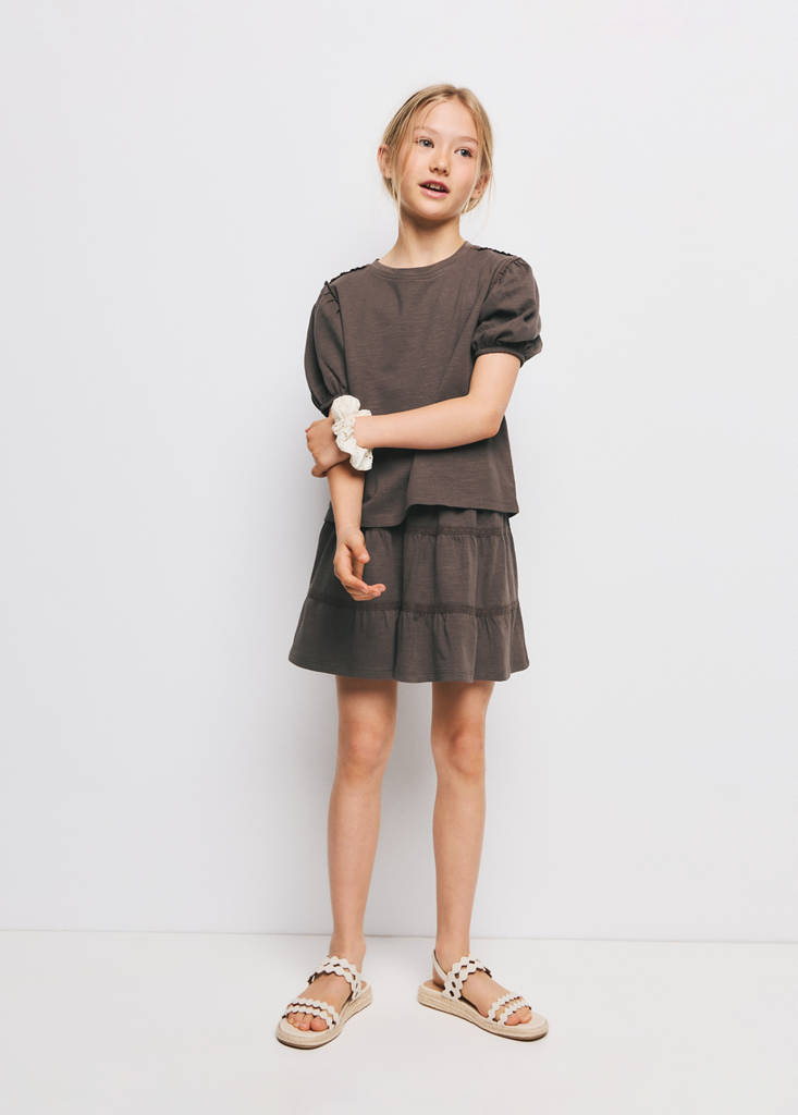 Puff-sleeve short-sleeve T-shirt — Brown