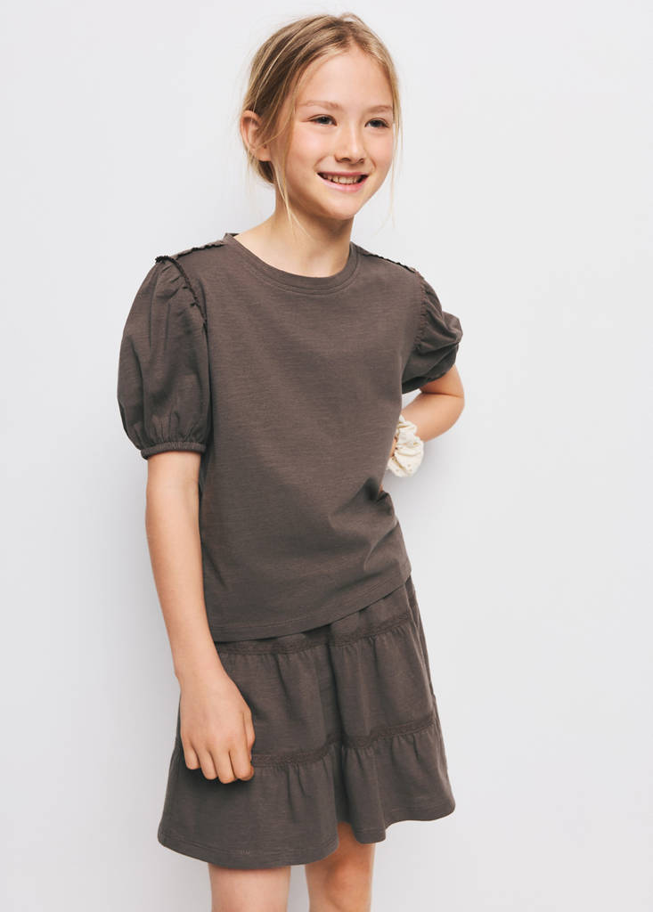 Puff-sleeve short-sleeve T-shirt — Brown