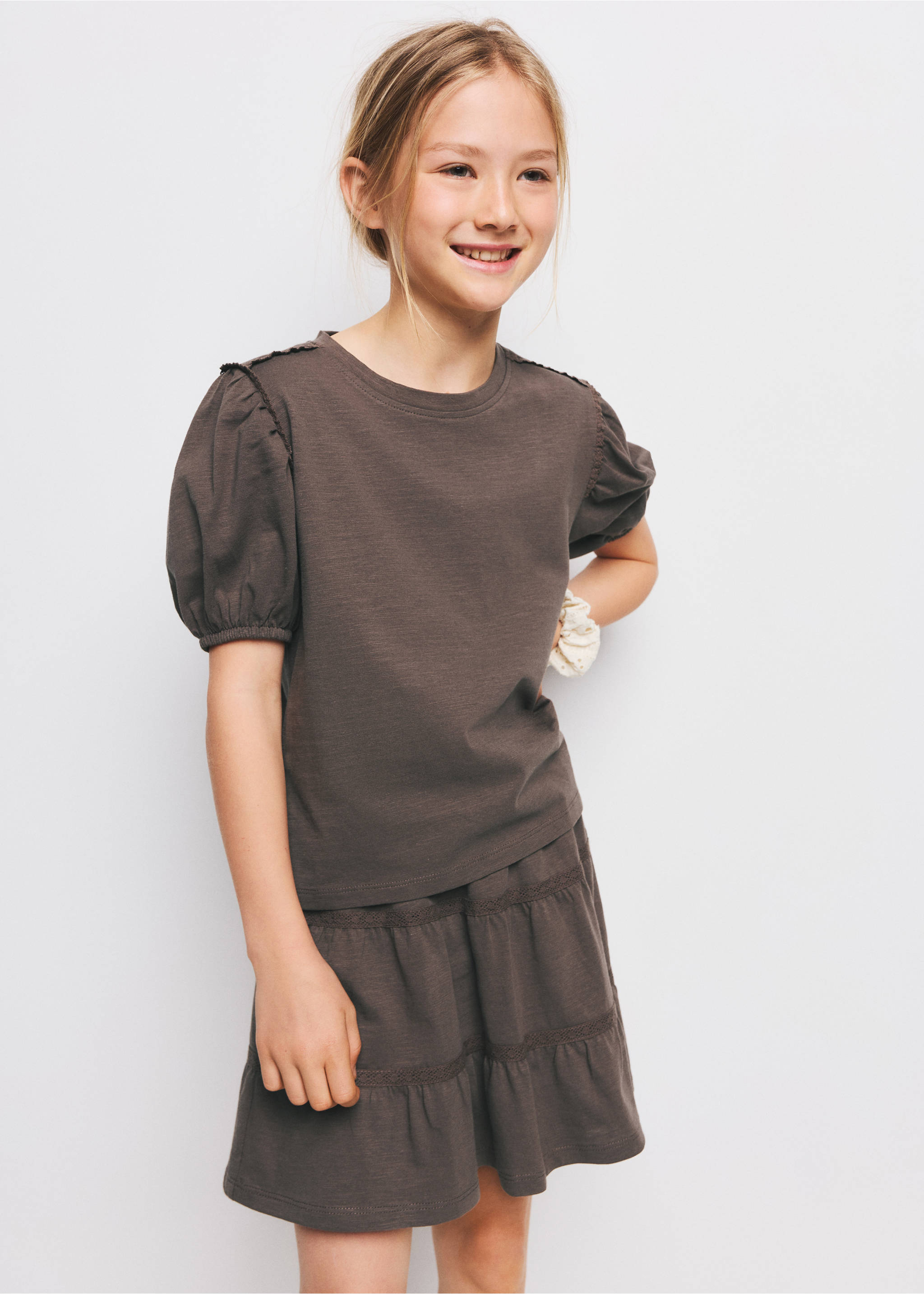 Puff-sleeve short-sleeve T-shirt - Medium plane, Brown. Ref: 27015963-00.