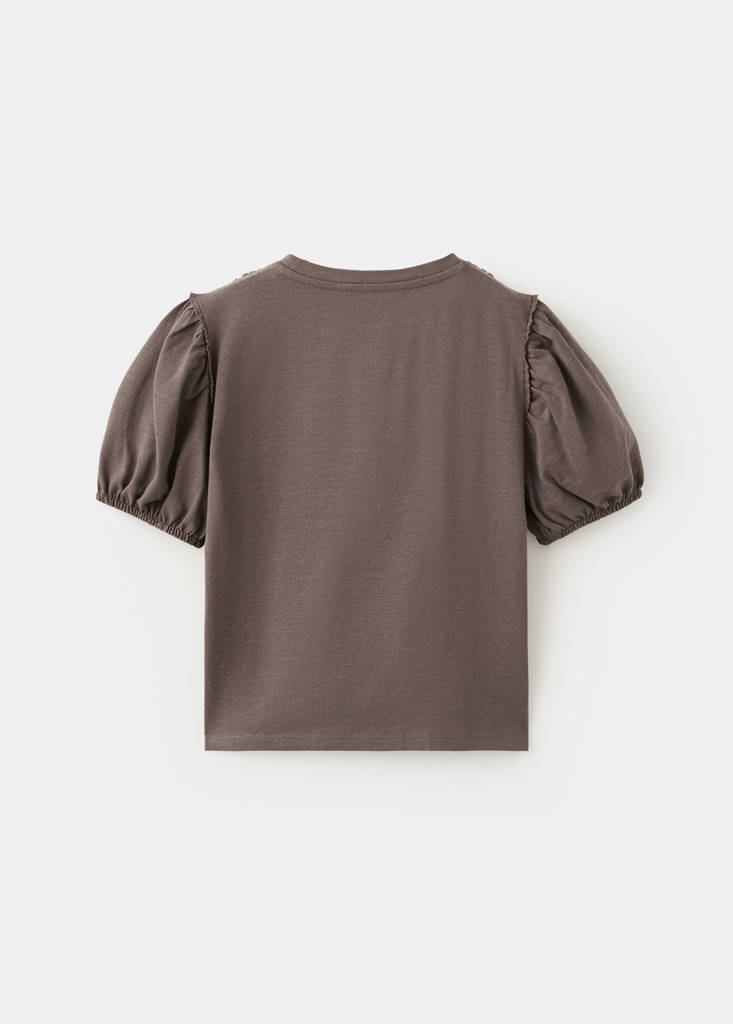 Puff-sleeve short-sleeve T-shirt — Brown