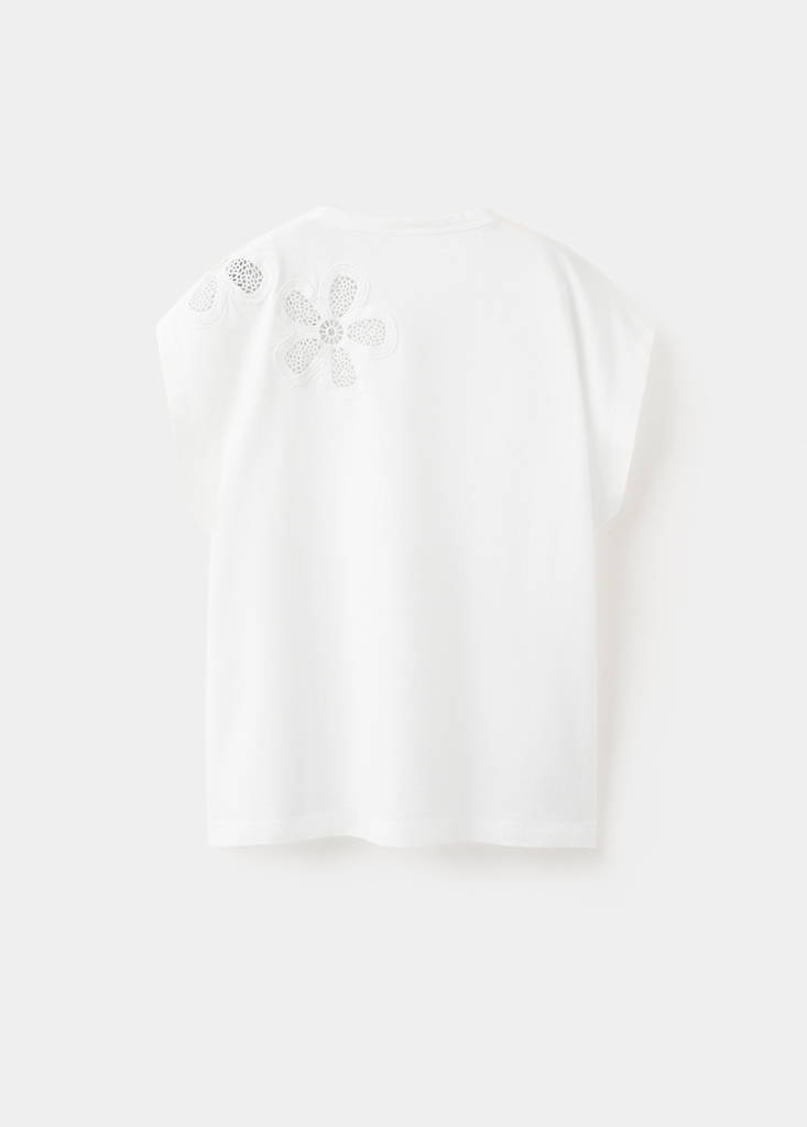 T-Shirt mit durchbrochenen Blumendetails — Cremeweiß