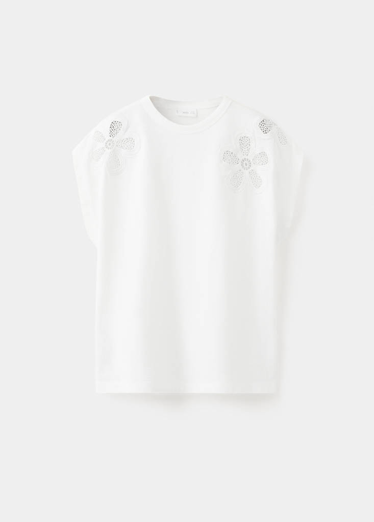 T-Shirt mit durchbrochenen Blumendetails — Cremeweiß