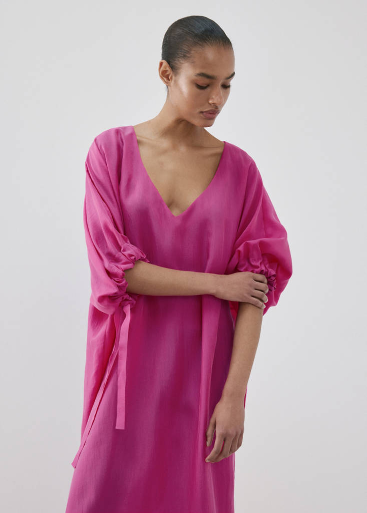 Puffed sleeve silk nightgown — Fuchsia