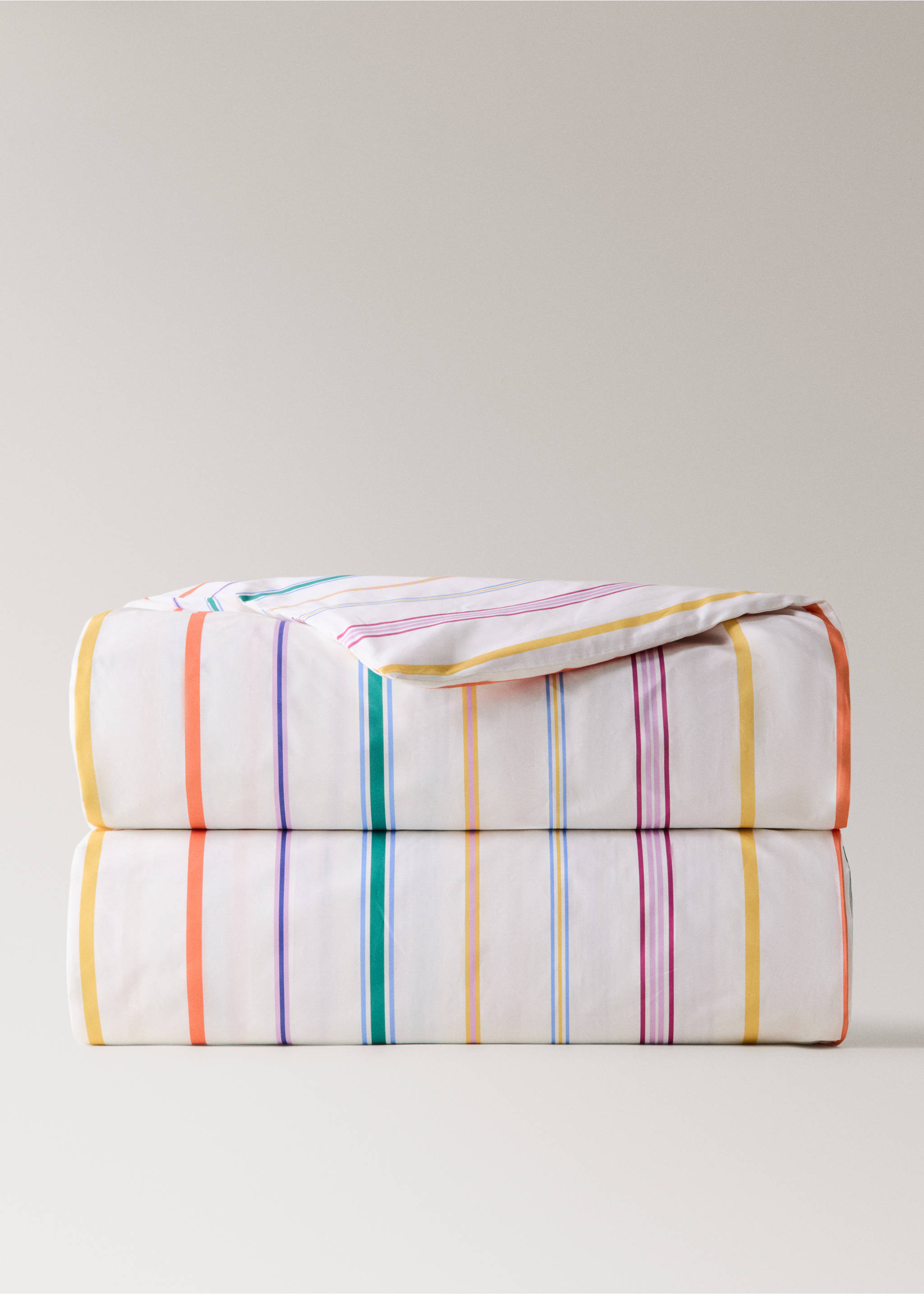Multicoloured striped percale cotton duvet cover for 135/140 cm bed - Article without model, Ecru. Ref: 27015987-00.