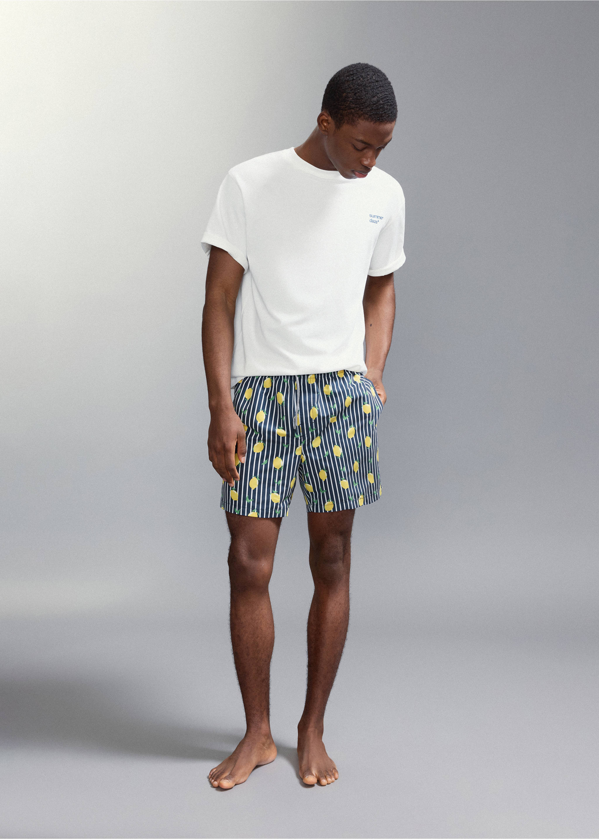 Купальник с принтованными лимонами - Общий план, Глубокий темно-синий. Ref: 27015997-00.