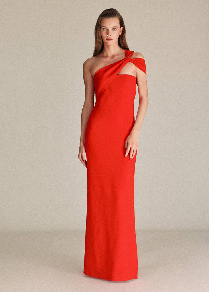 Long dress with an asymmetric neckline — Red