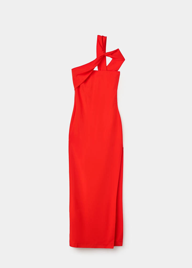 Long dress with an asymmetric neckline — Red
