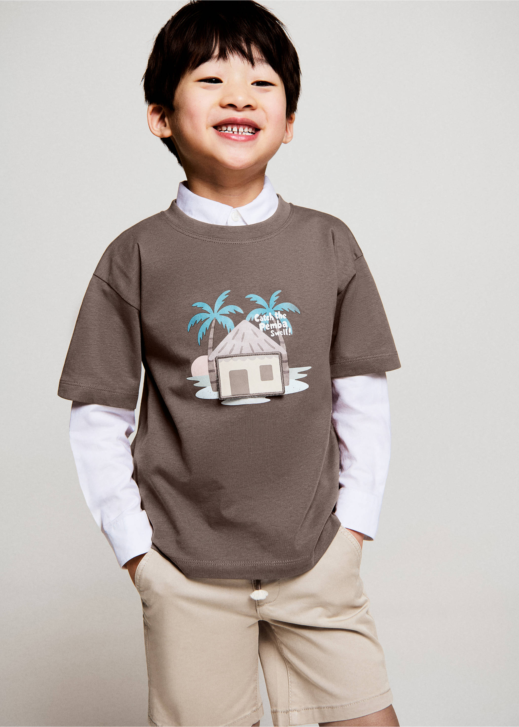 Футболка с рельефным принтом - Общий план, Шоколадный. Ref: 27016347-00.