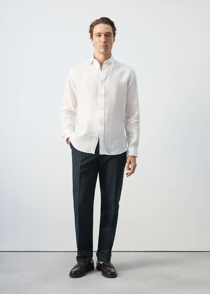 Regular fit houndstooth linen blend trousers — Navy