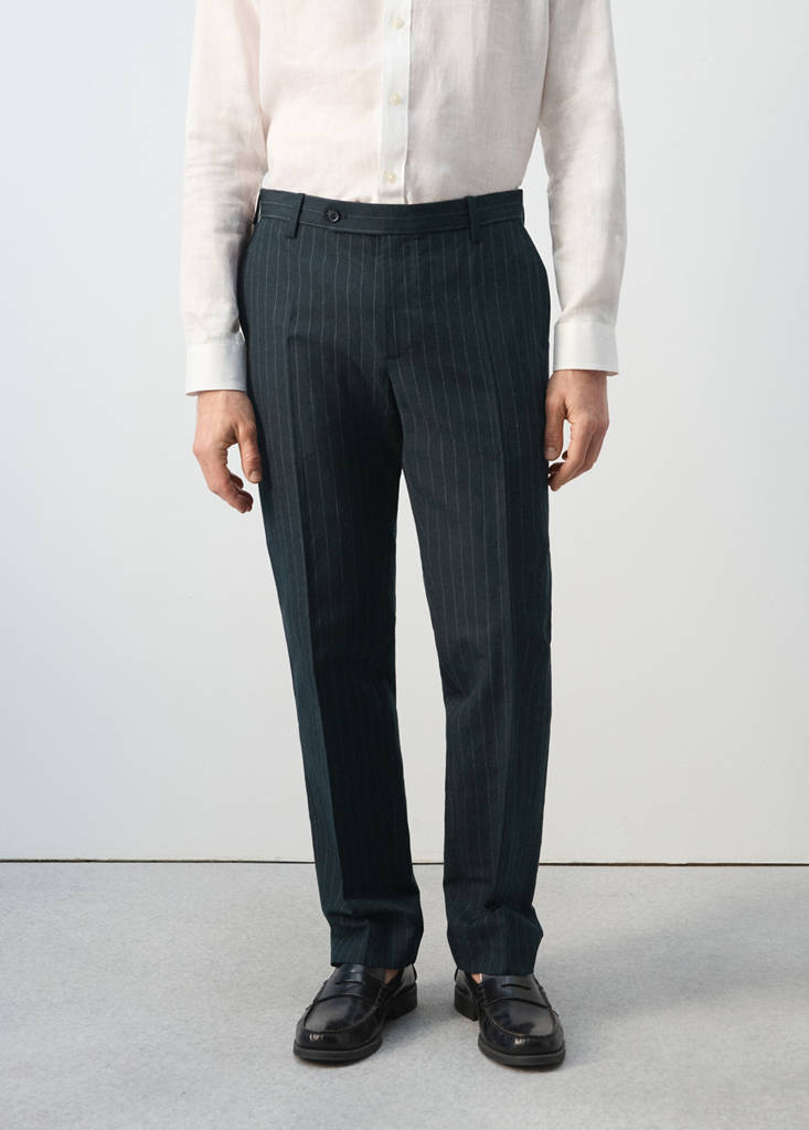 Regular fit houndstooth linen blend trousers — Navy