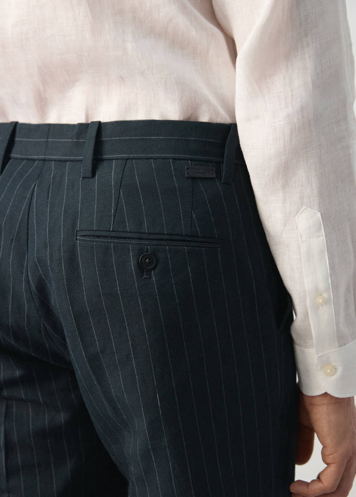 Regular fit houndstooth linen blend trousers — Navy