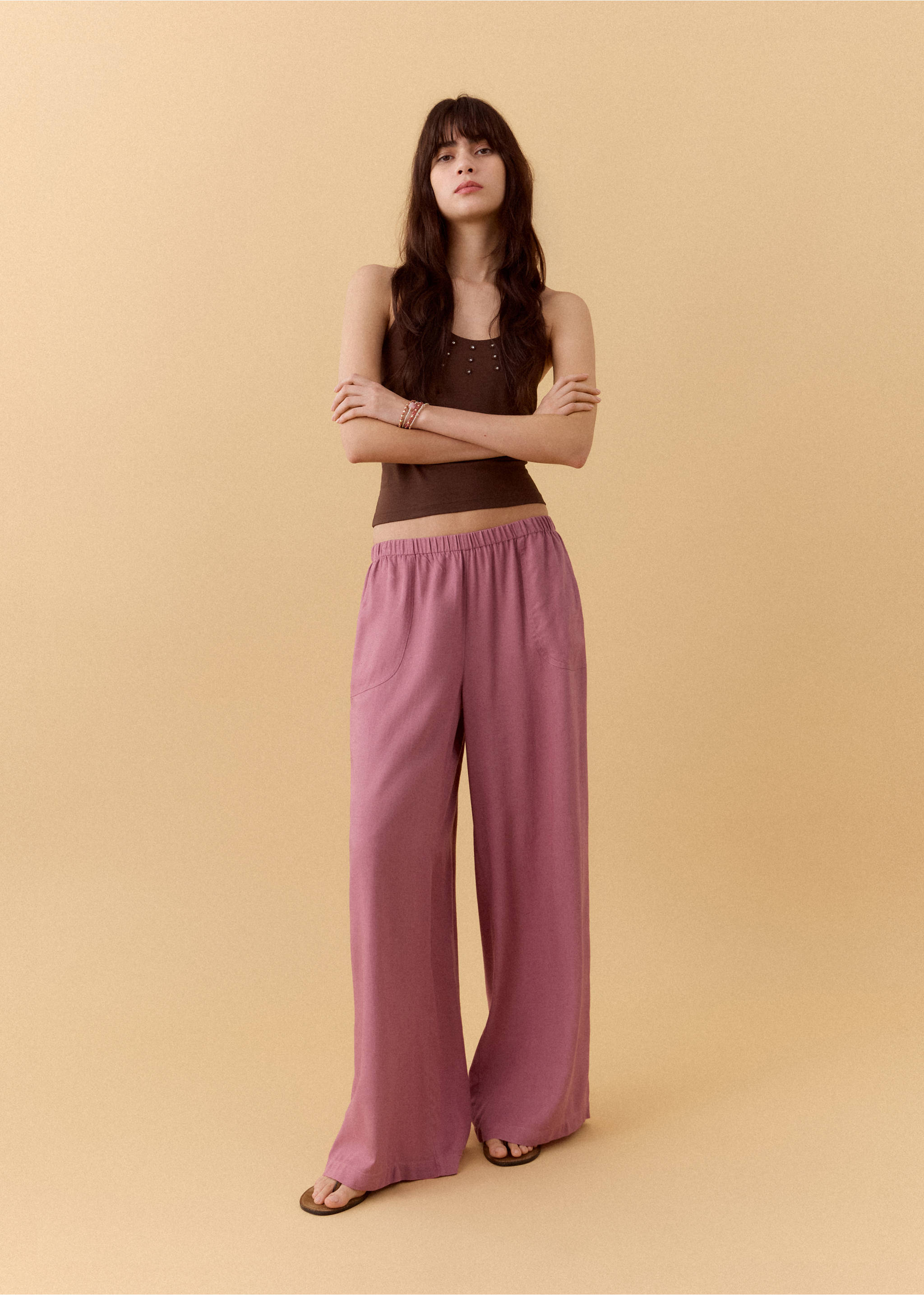 سروال مستقيم من مزيج الكتان - رؤية عامة, وردي خفيف. Ref: 27016720-00.