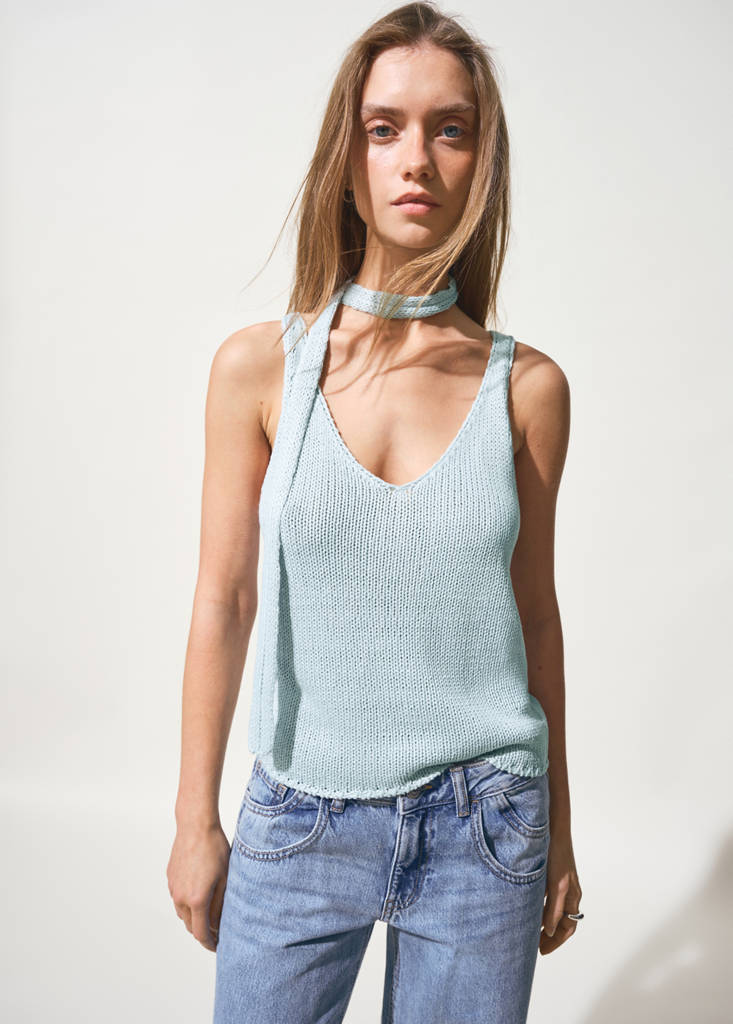 Knitted top with shawl detail — Blue