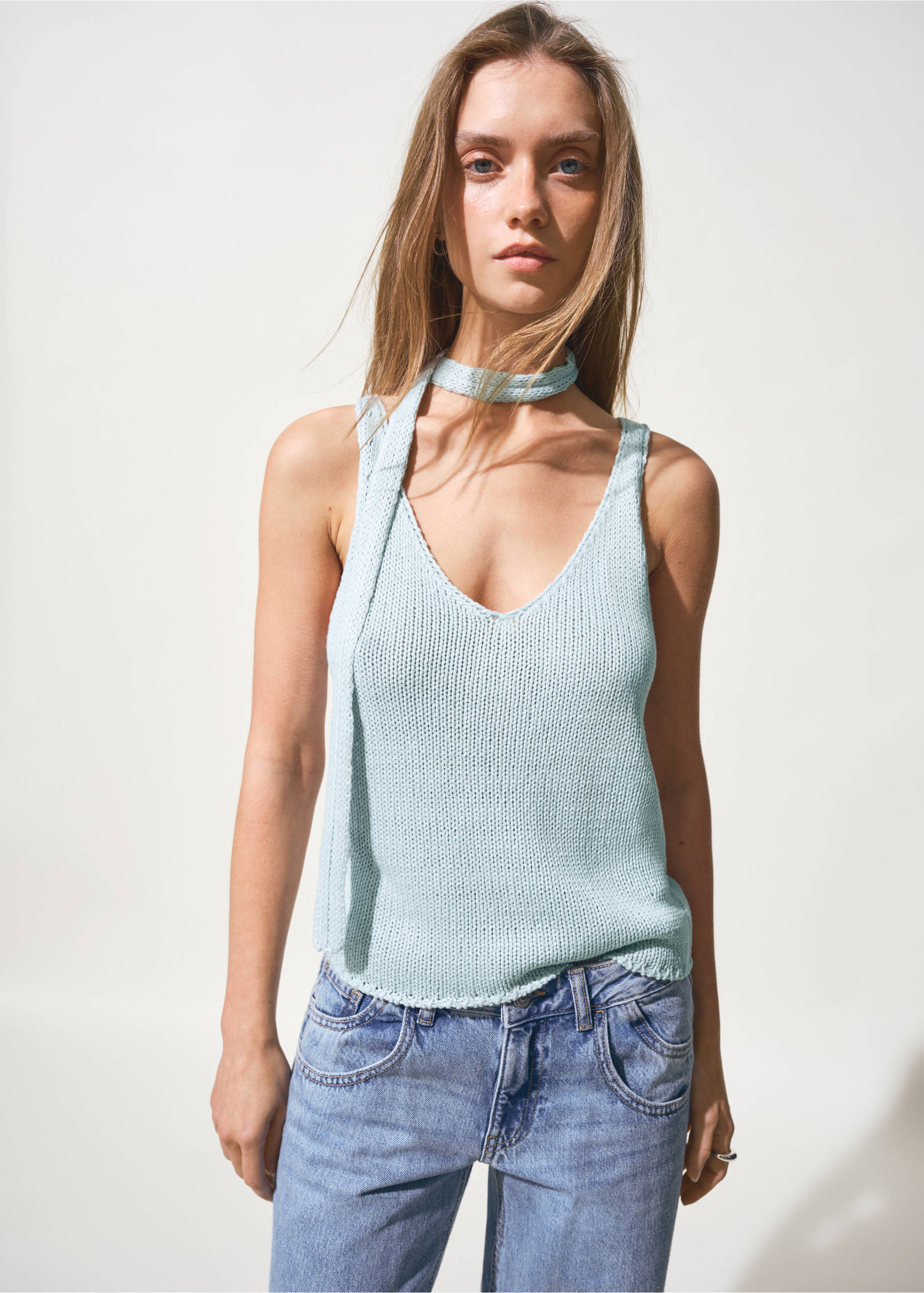 Knitted top with shawl detail - Medium plane, Blue. Ref: 27017140-00.