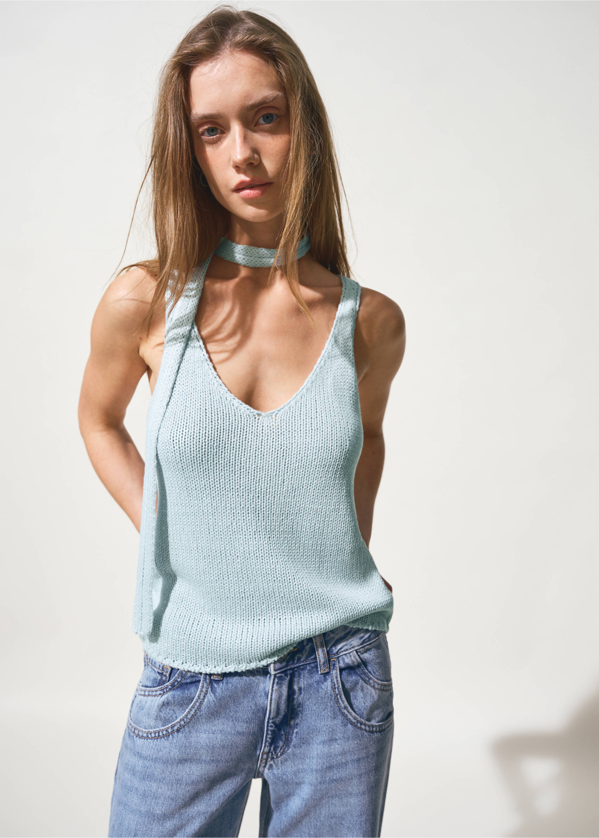 Knitted top with shawl detail - Details of the article 1, Blue. Ref: 27017140-00.