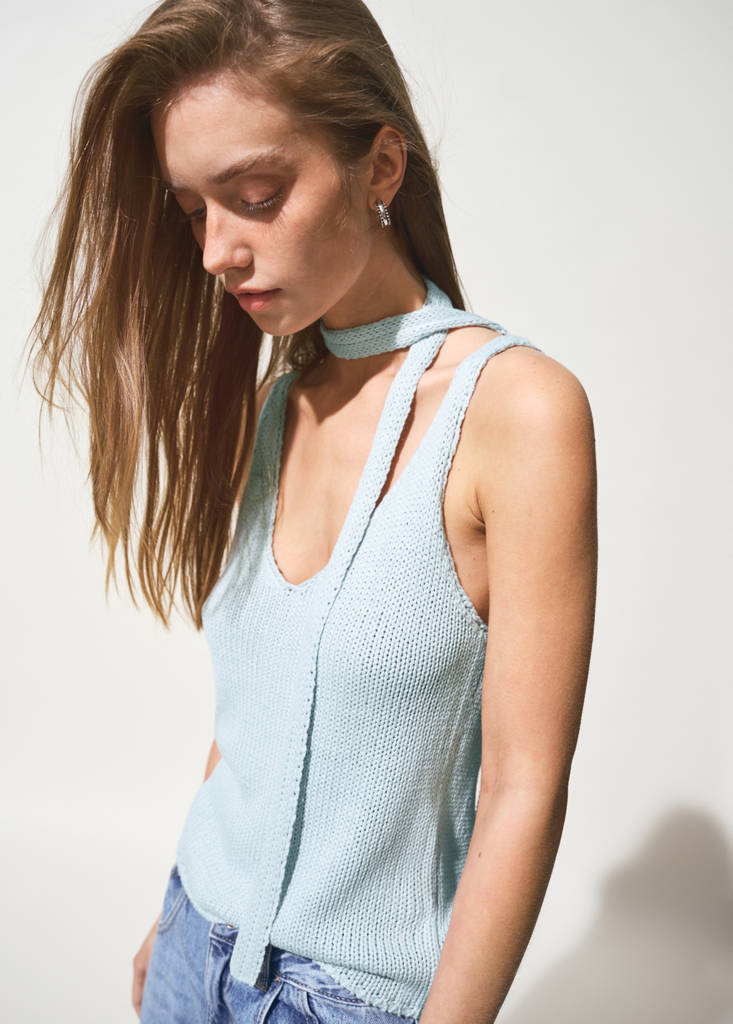 Knitted top with shawl detail — Blue