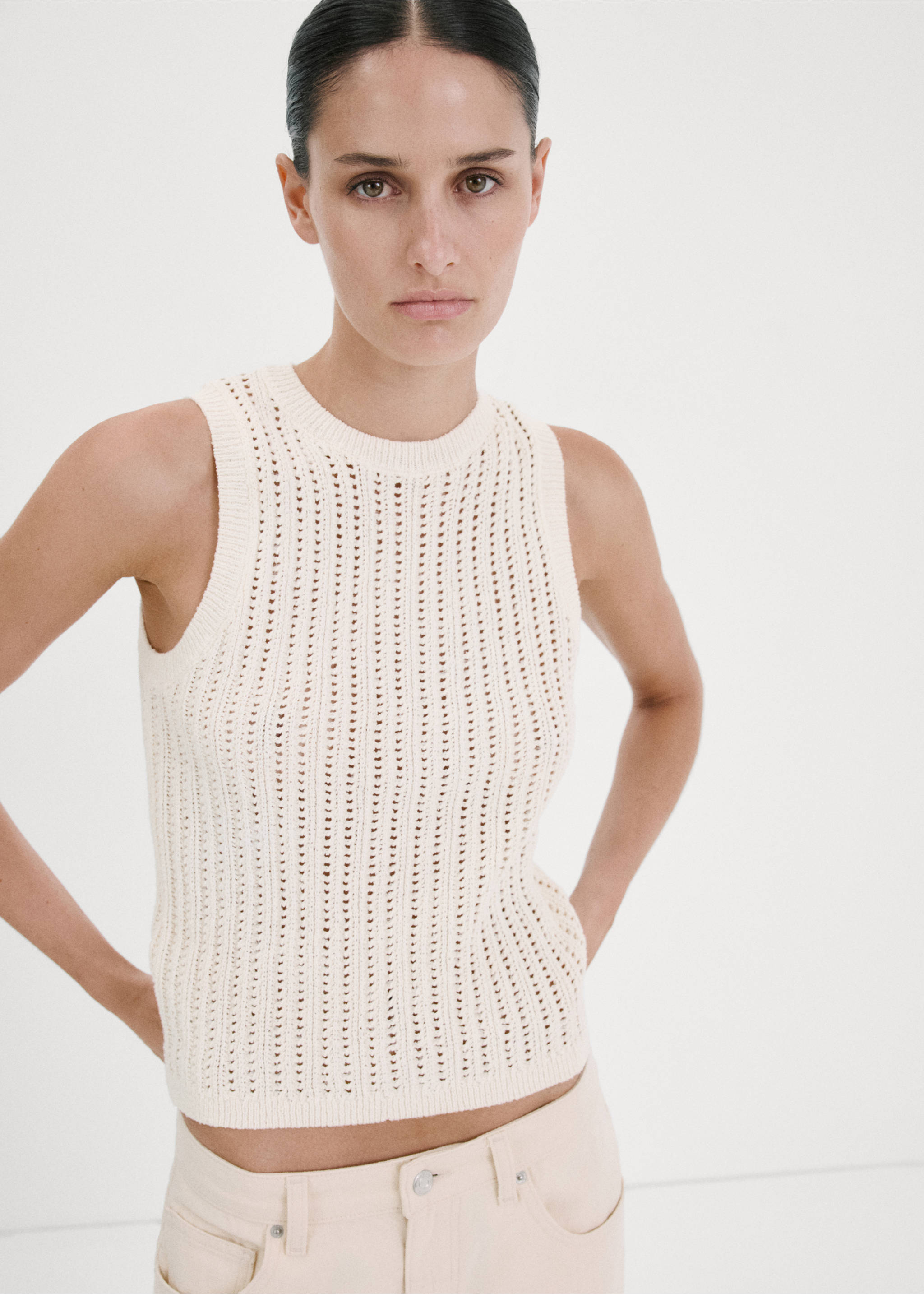Openwork knit top - Medium plane, Ecru. Ref: 27017141-00.