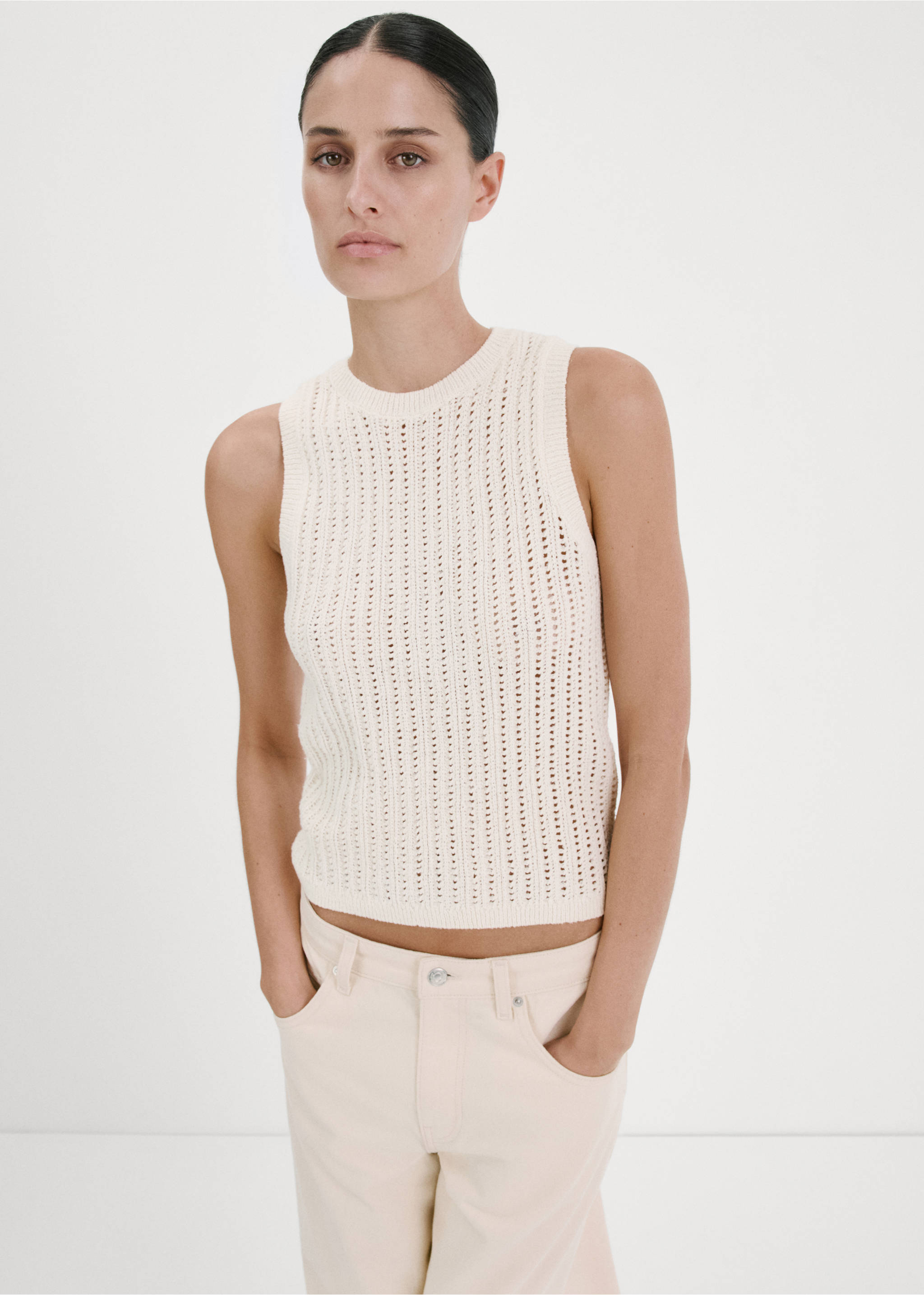 Openwork knit top - Details of the article 6, Ecru. Ref: 27017141-00.
