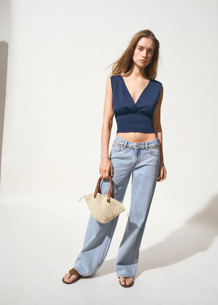 Ruched V-neck top — Navy