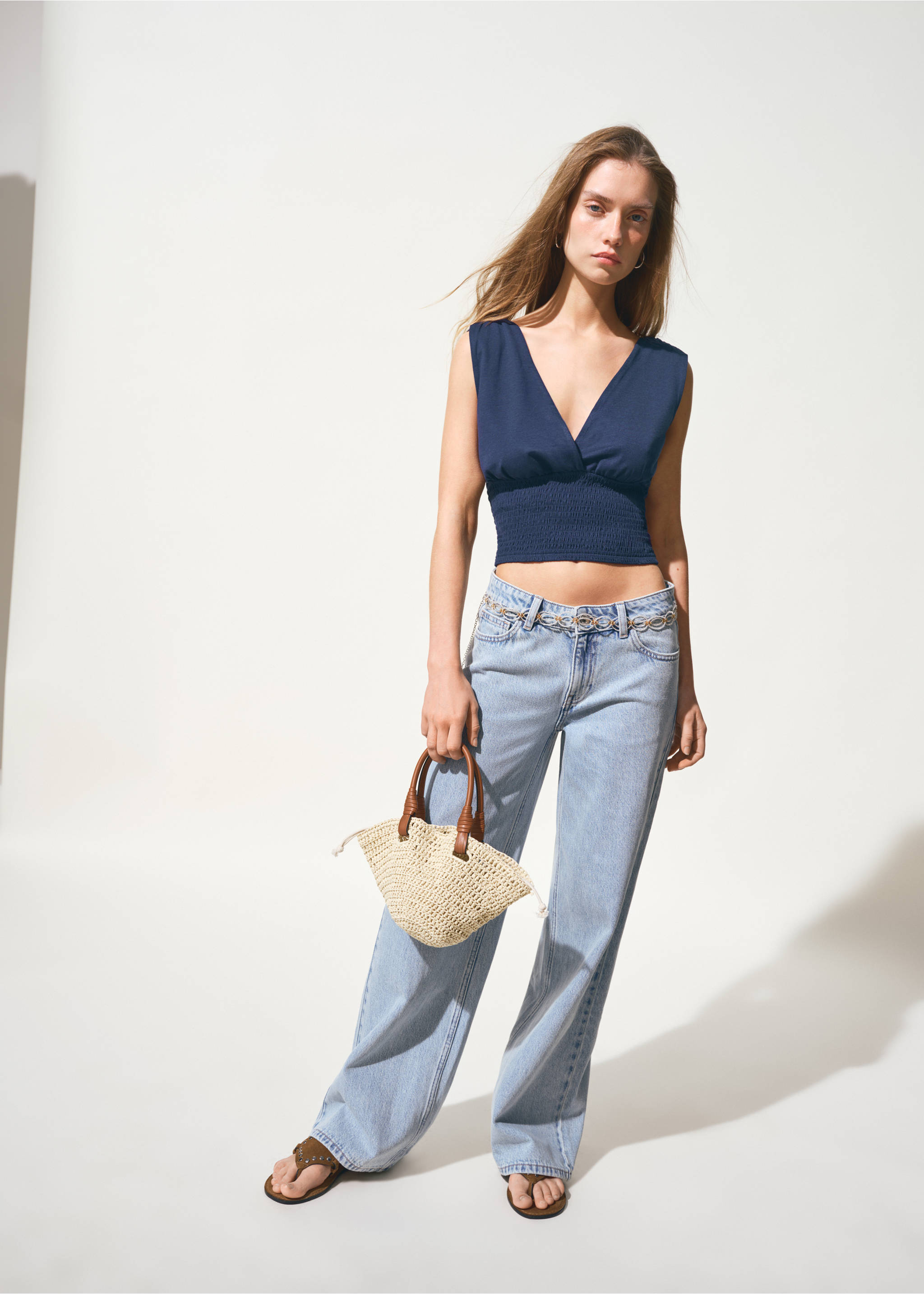 Top coll en punta frunzit - Pla general, Blau marí. Ref: 27017149-00.