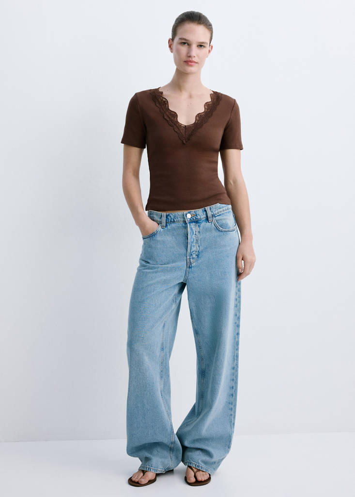 Lace trim top — Brown