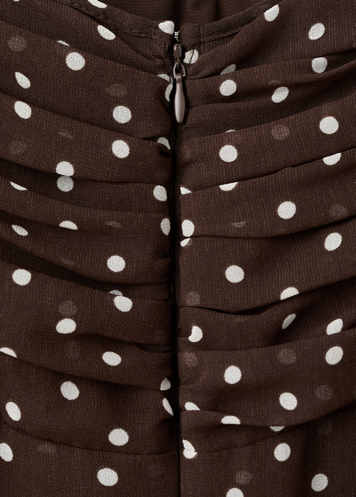 Polka dot dress with gathered neckline — Chocolate