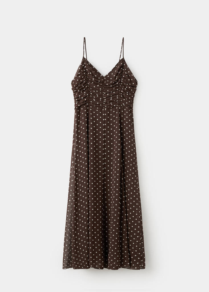 Polka dot dress with gathered neckline — Chocolate