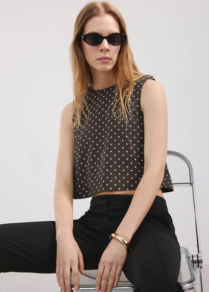 Linen polka dot top — Black