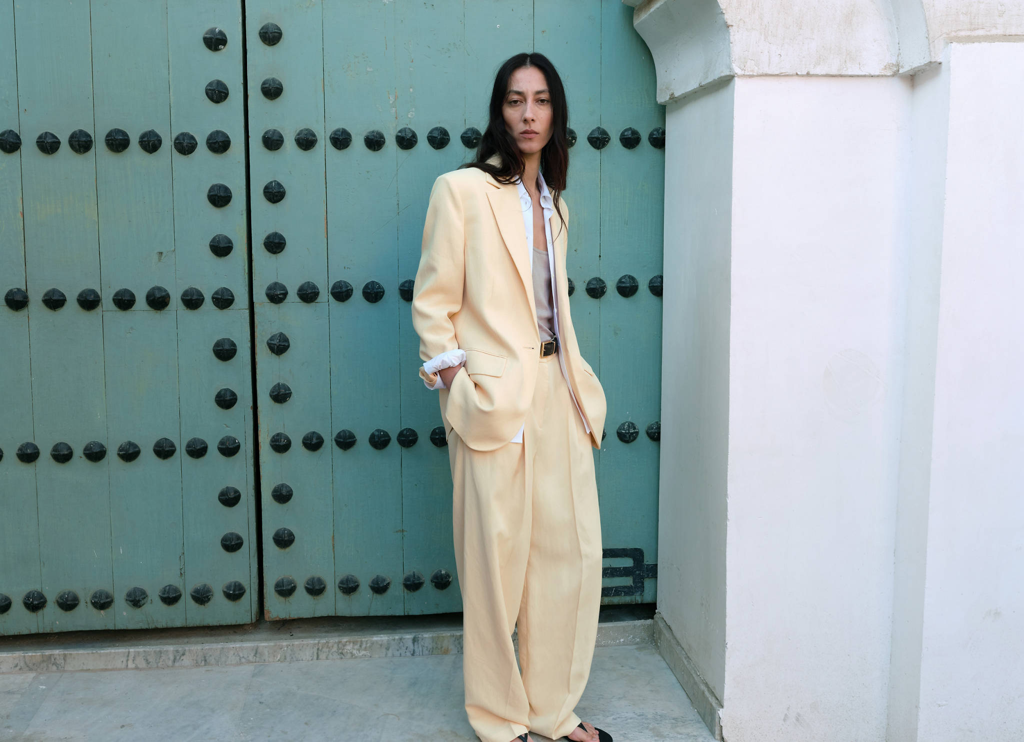 Straight linen-blend trousers - Panoramic plane