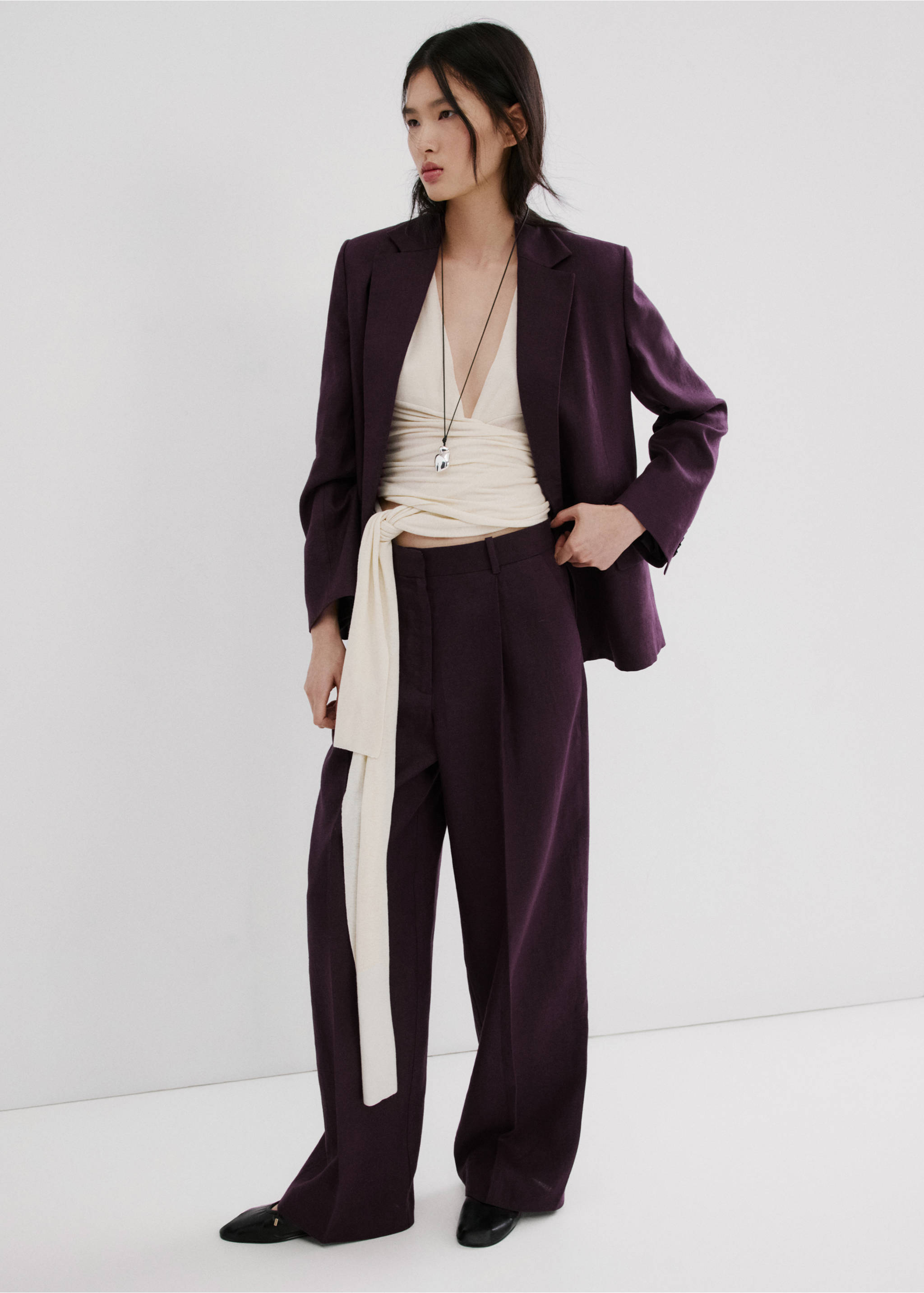 Straight-fit linen suit trousers - General plane, Purple. Ref: 27017162-00.