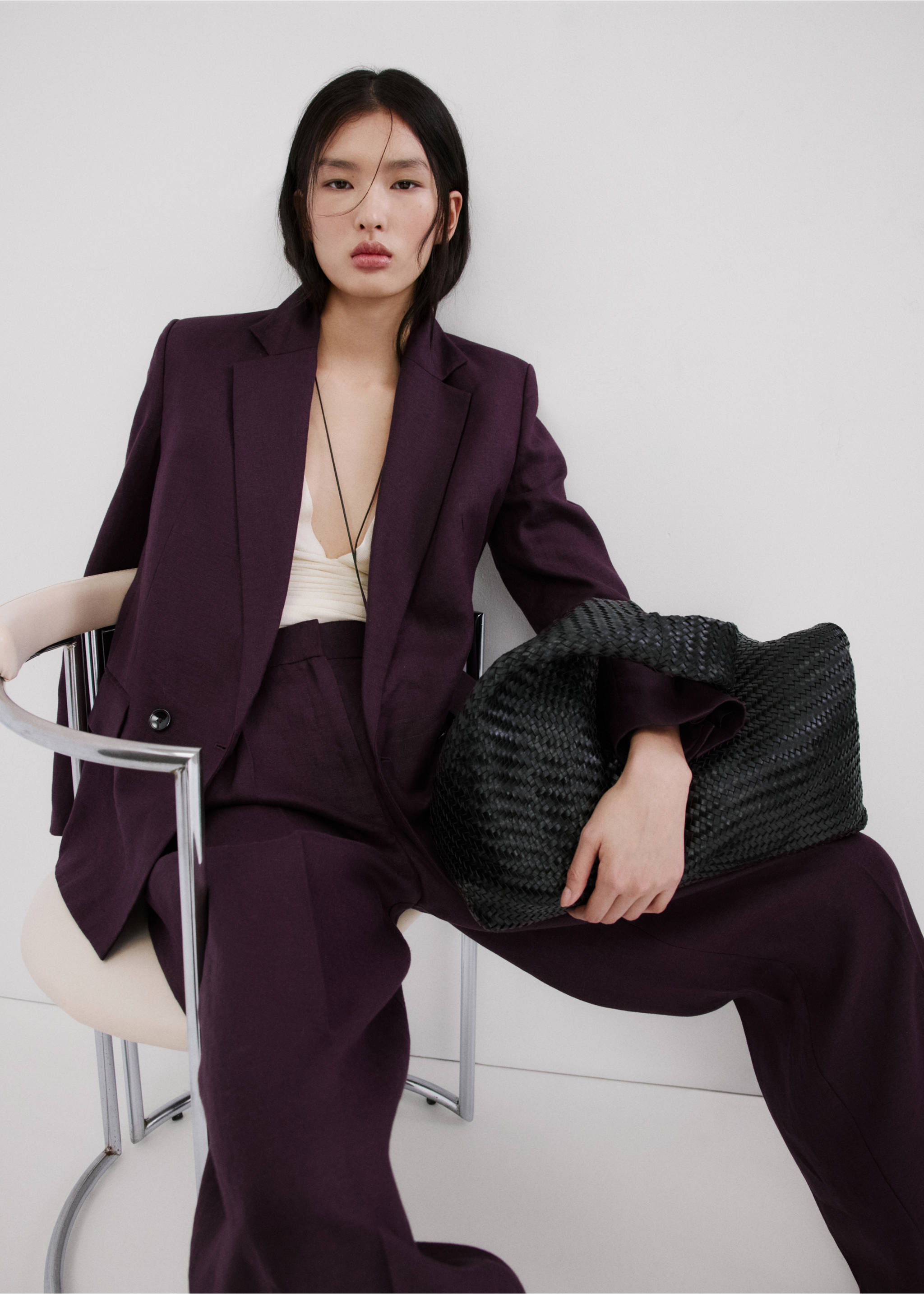 Straight-fit linen suit trousers - Details of the article 1, Purple. Ref: 27017162-00.