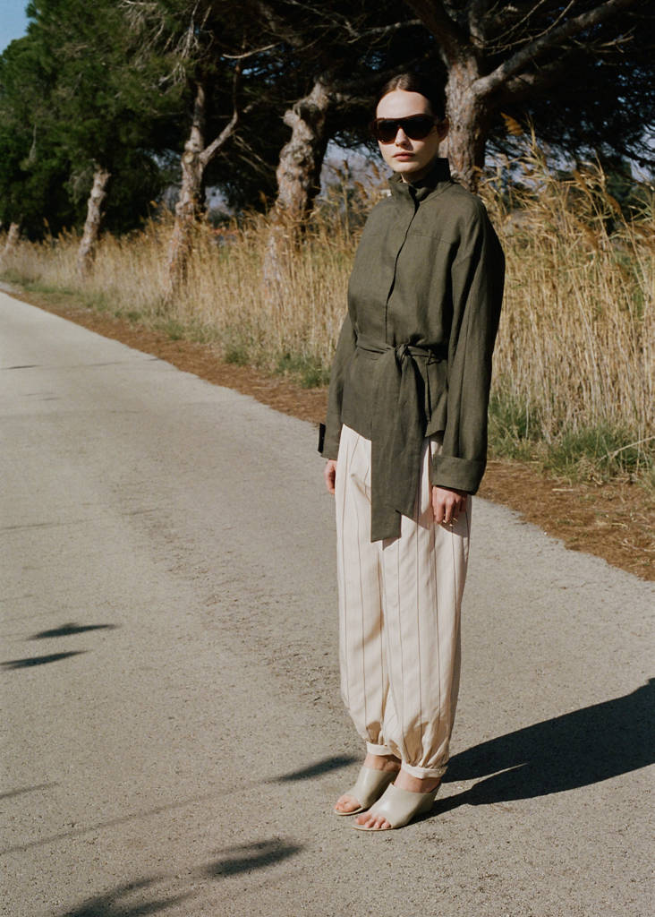 Striped lyocell balloon pants — Ecru