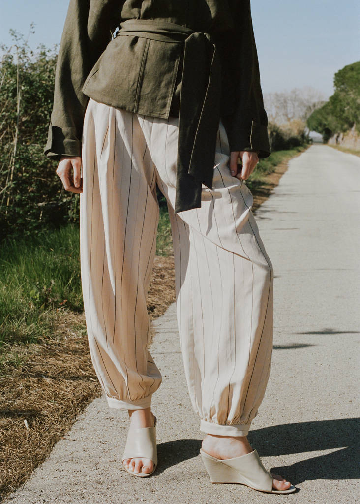 Striped lyocell balloon pants — Ecru