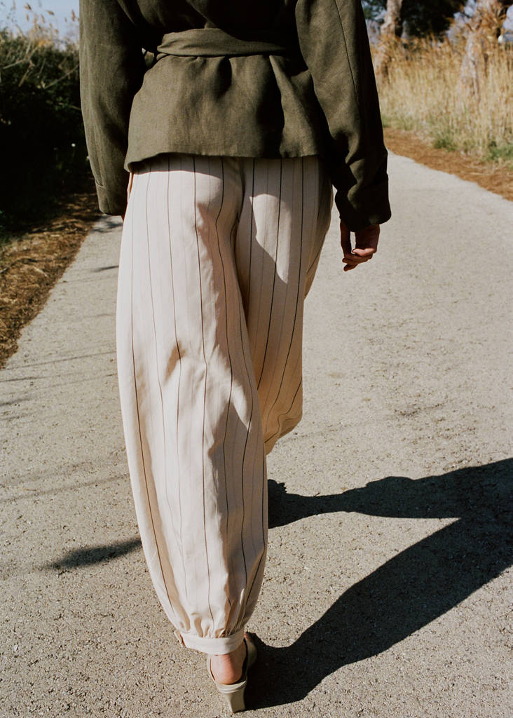Striped lyocell balloon pants — Ecru