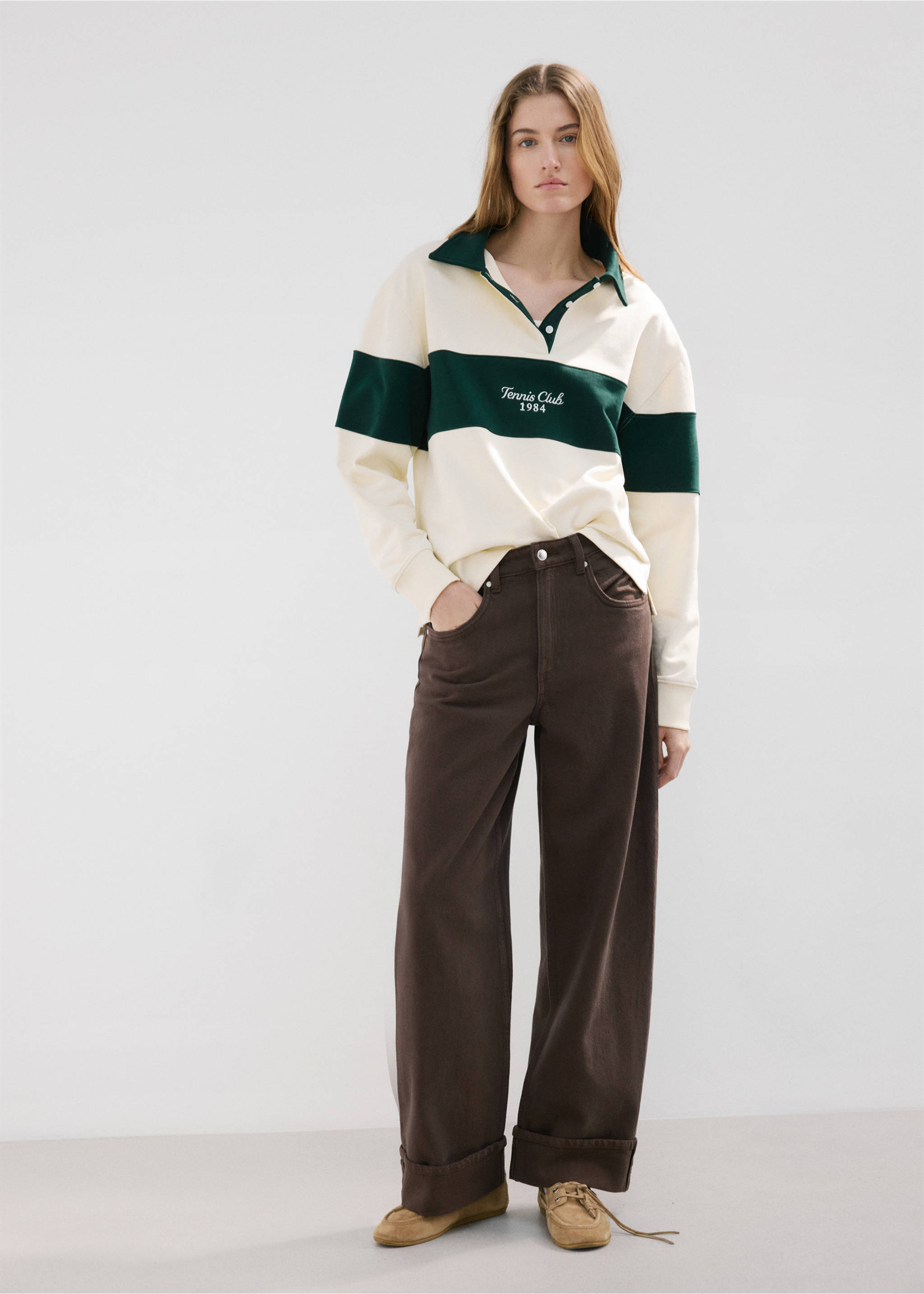 Polo neck sweatshirt with embroidered message - General plane, Ecru. Ref: 27017165-00.