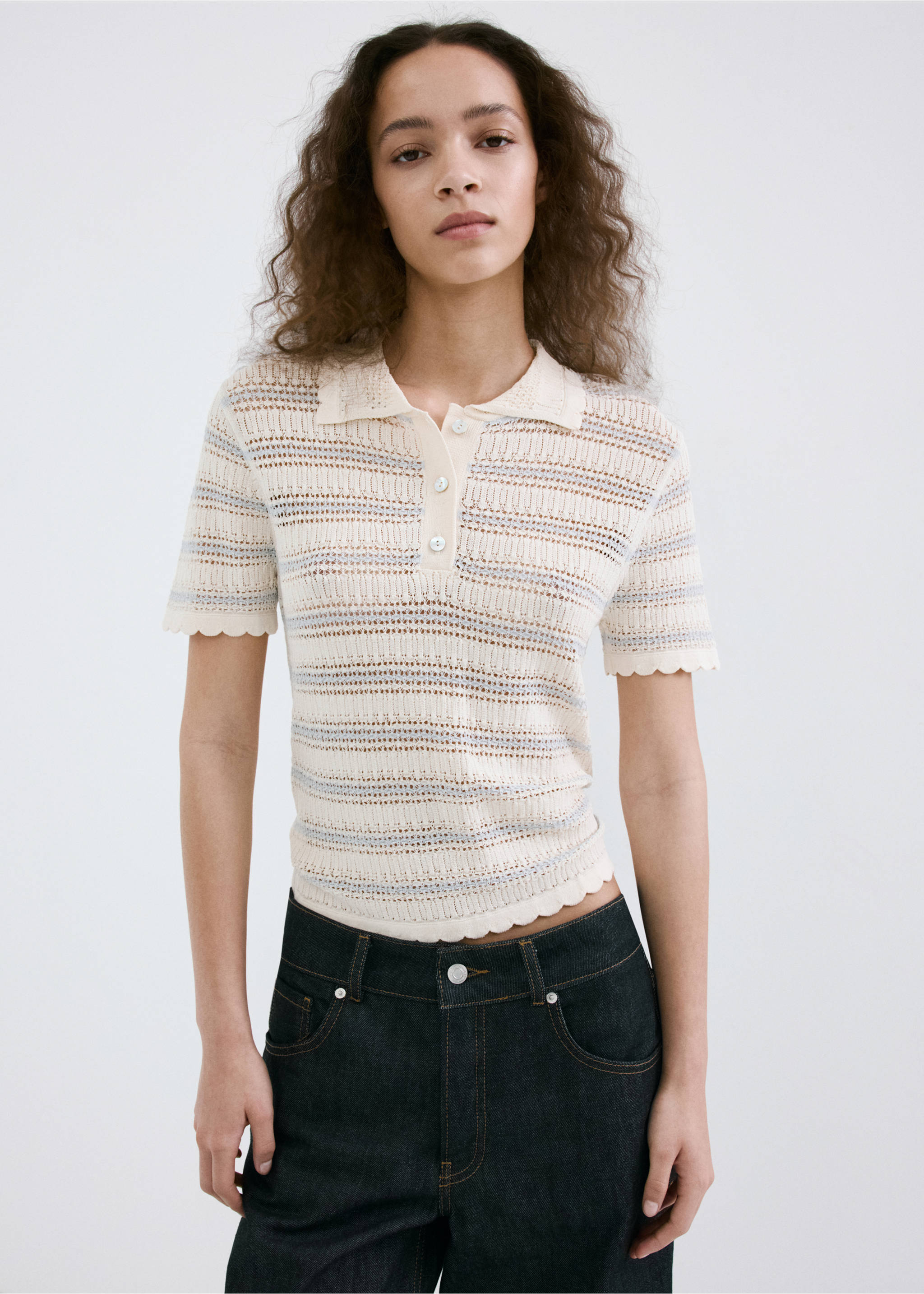 Striped openwork knit sweater - Medium plane, Ecru. Ref: 27017166-00.