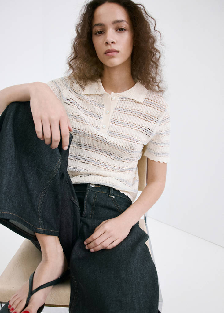 Striped openwork knit sweater — Ecru