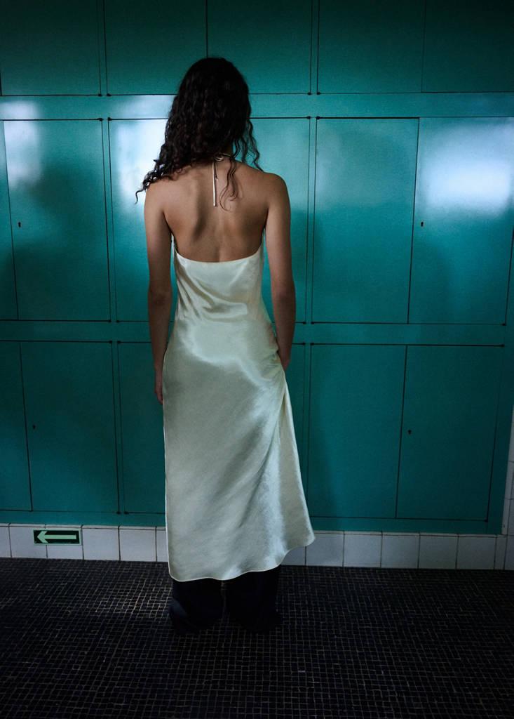 Satin V-neck dress — Ecru