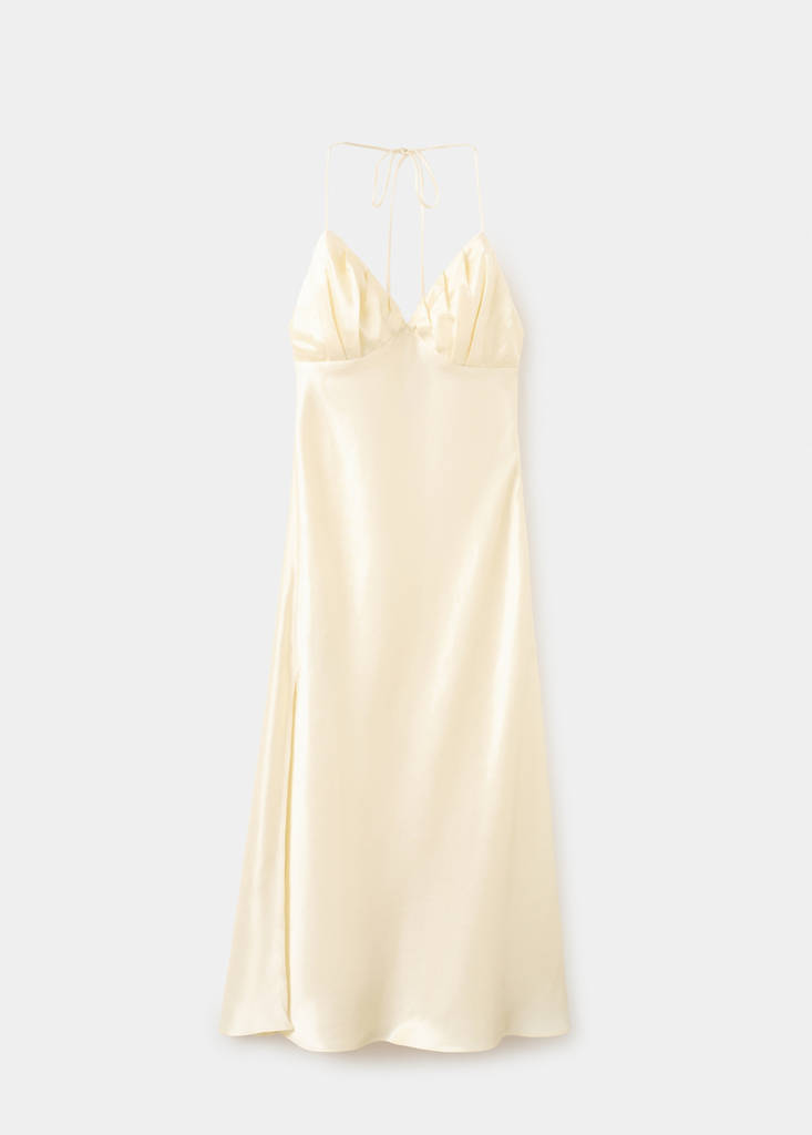 Satin V-neck dress — Ecru