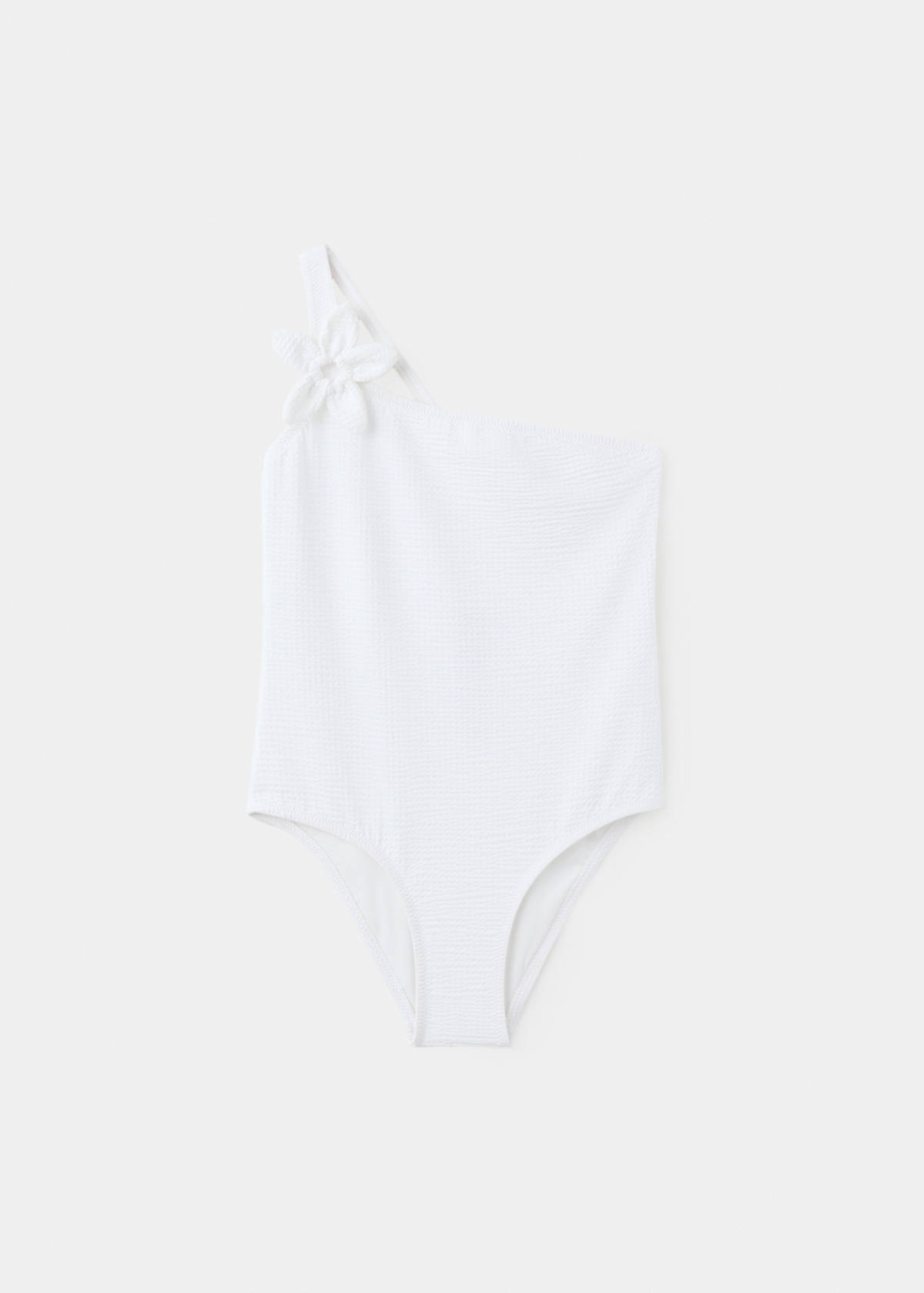 Asymmetric swimsuit with raised flower — White